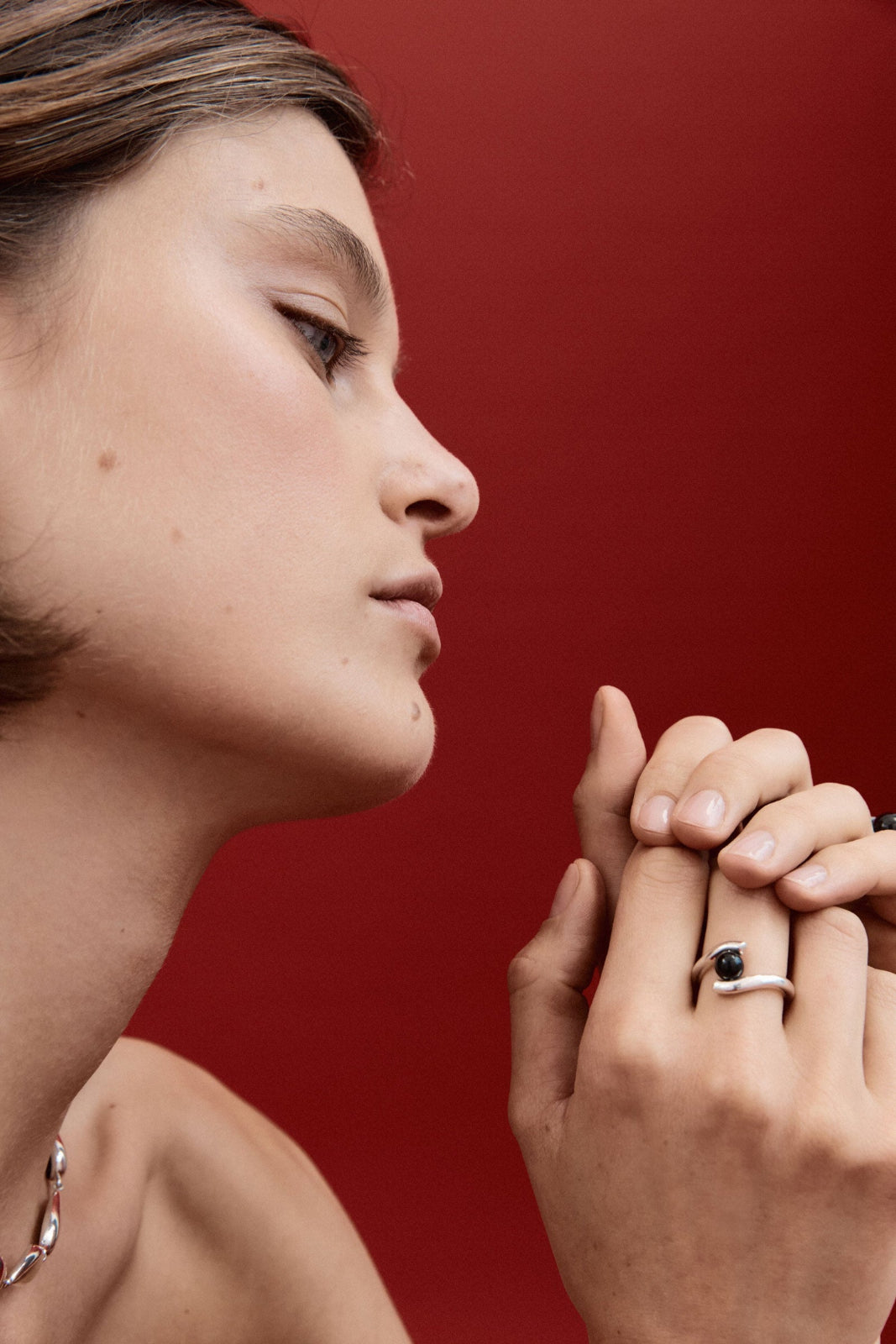 AGMES .925 Sterling Silver Claire Ring with Onyx Stone Center.