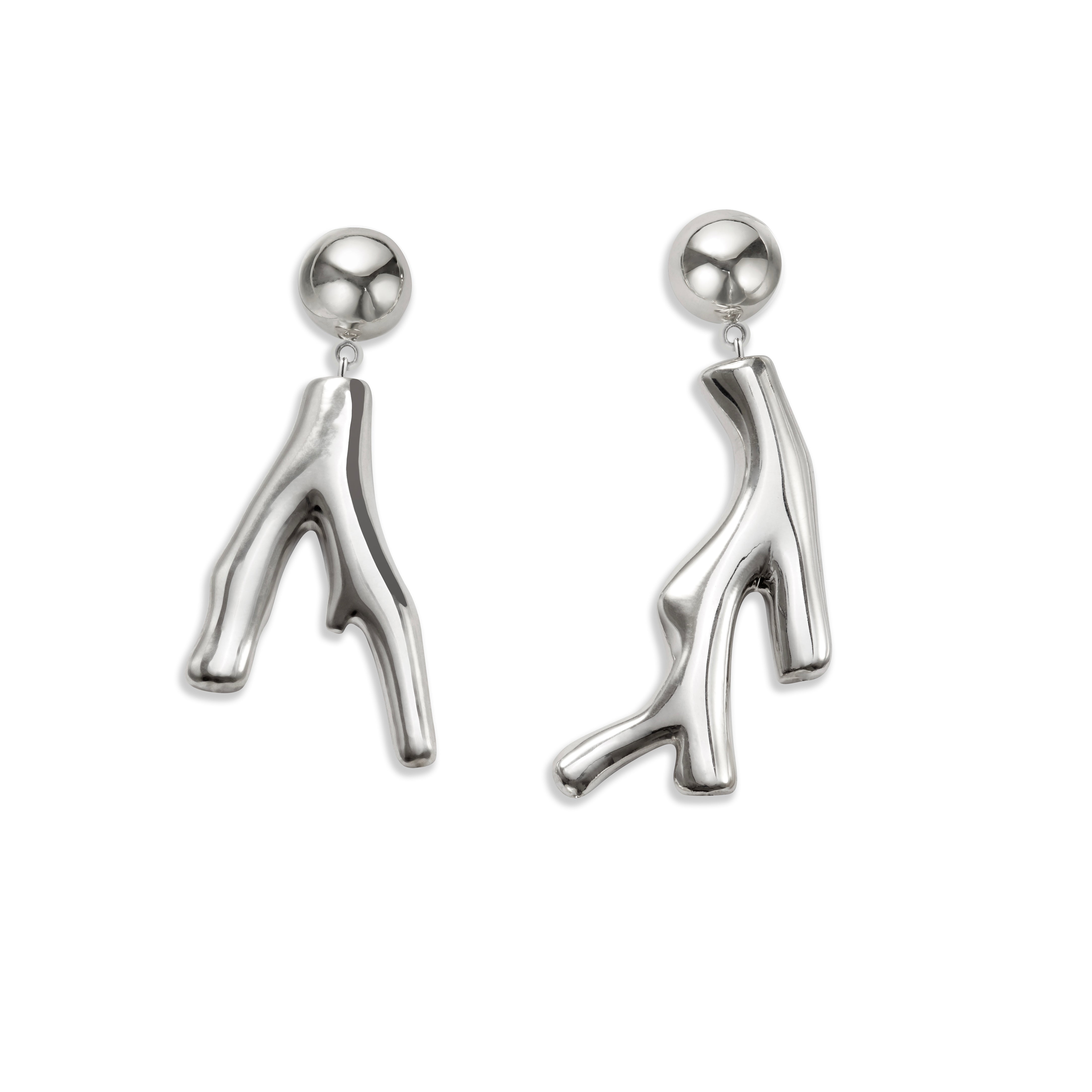 AGMES 0.925 sterling silver coral drop earrings with a silver top on white background.