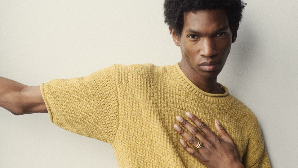 Male model wearing AGMES astrid rings