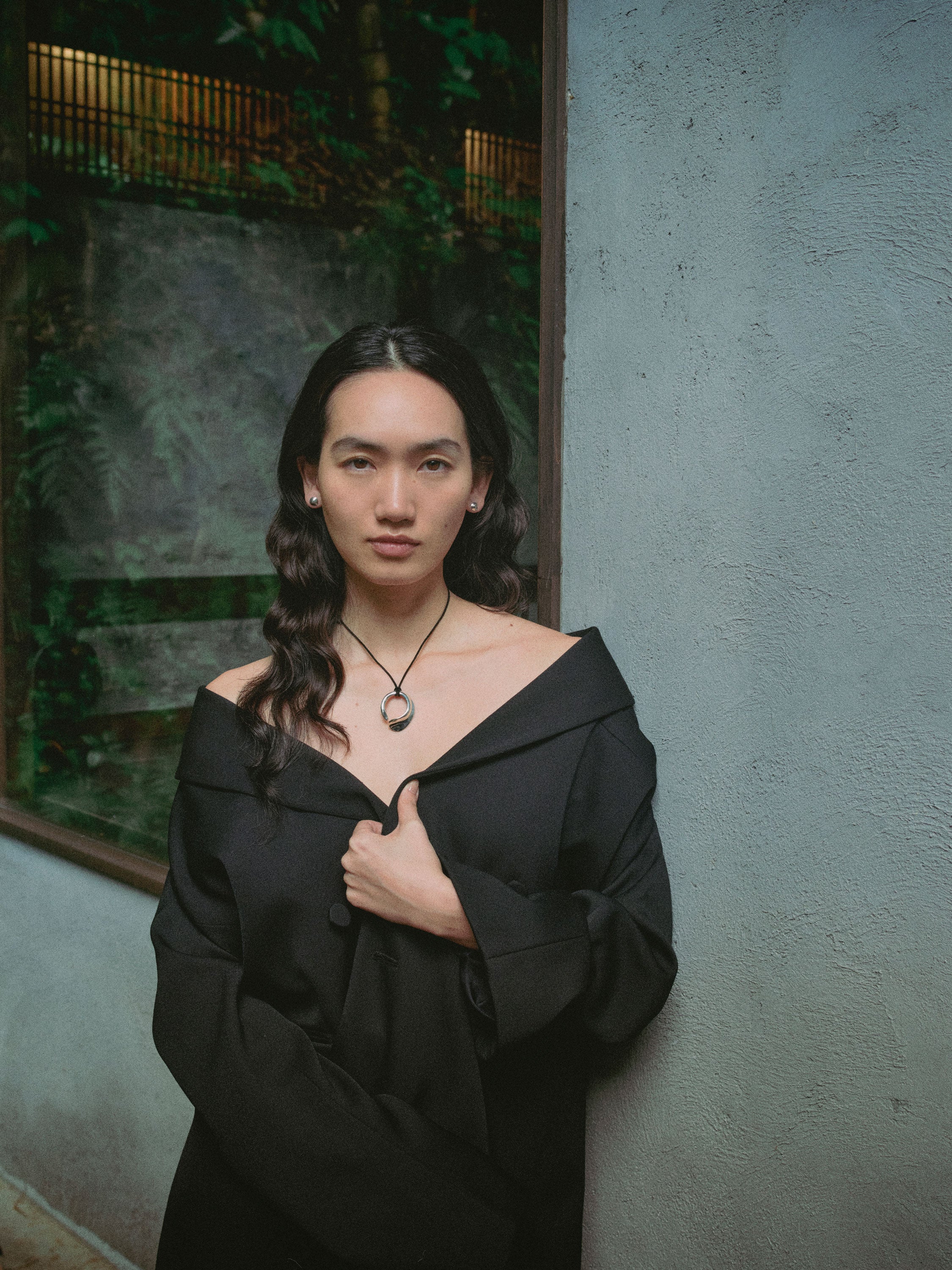 Women wearing AGMES 0.925 Sterling Silver Marta Pendant with Black Suede Cord.