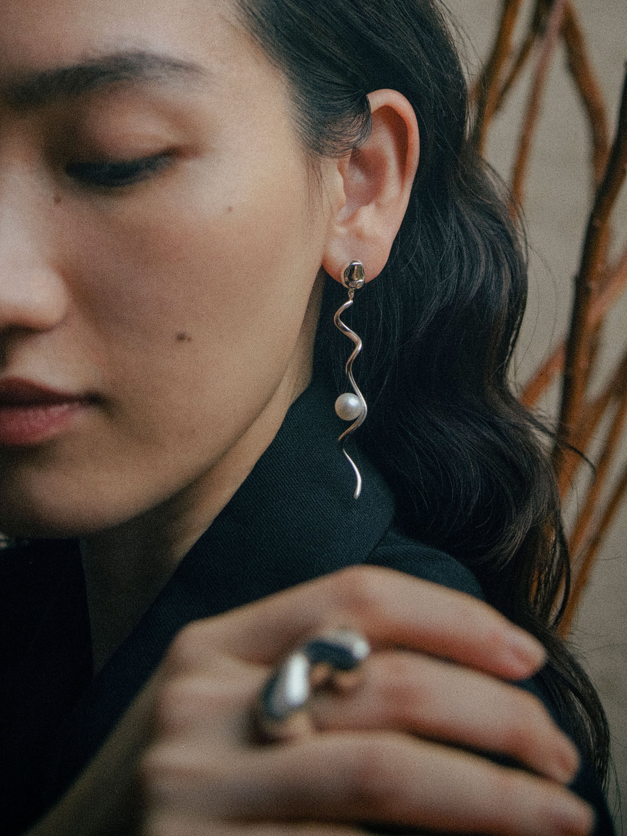 AGMES Teneille Earrings .925 Sterling Silver with freshwater pearls 2.8" long.