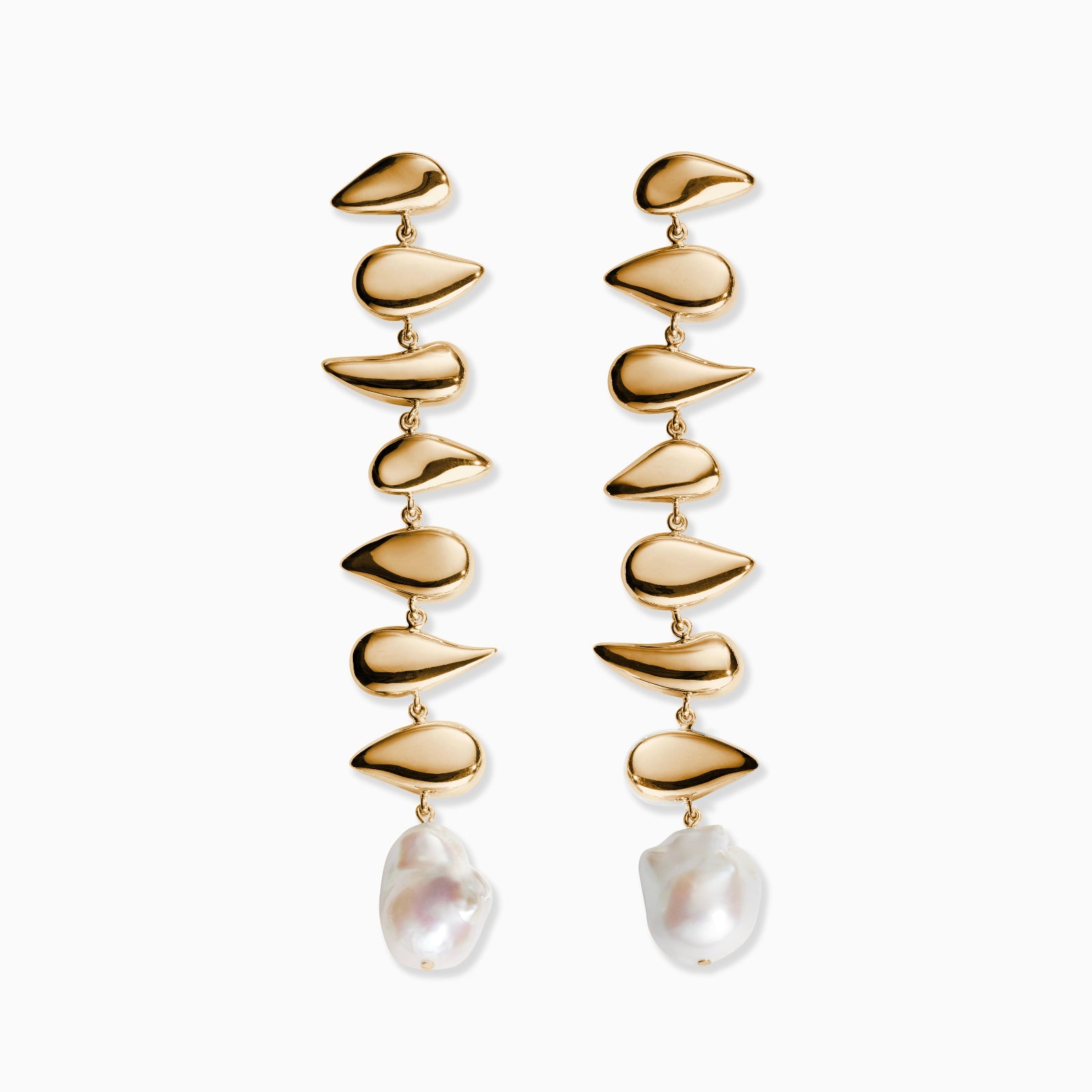 AGMES yellow gold vermeil long drop freshwater pearl Florence earrings on white background.