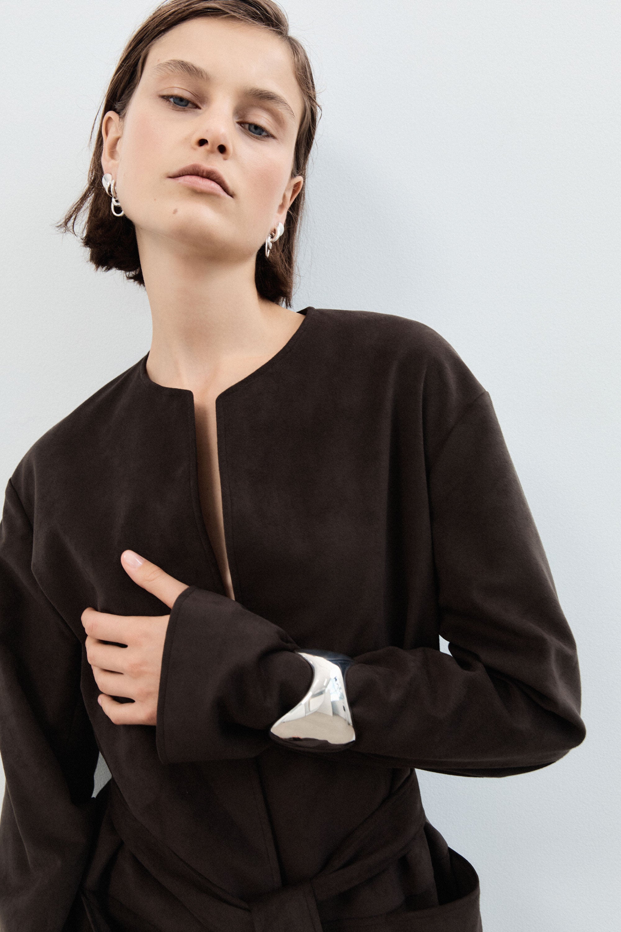 Woman wearing AGMES 0.925 Sterling silver Giselle Cuff. Large Cuff Bracelet.