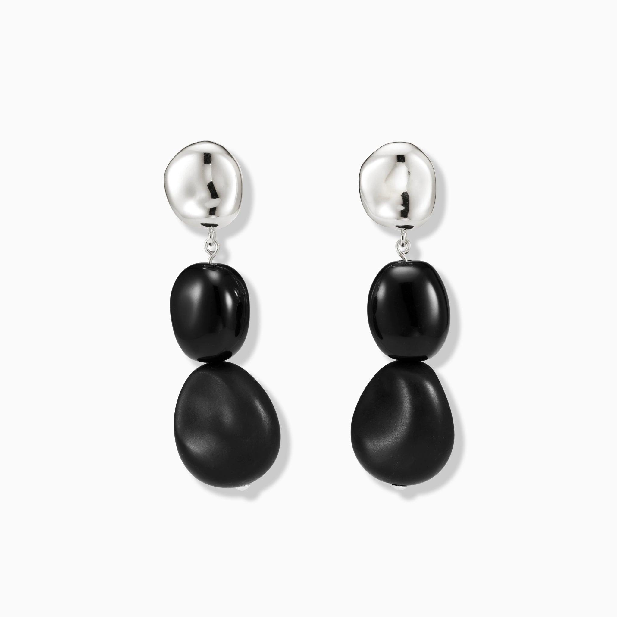 AGMES .925 sterling silver round earrings with double black onyx bead drop on white background