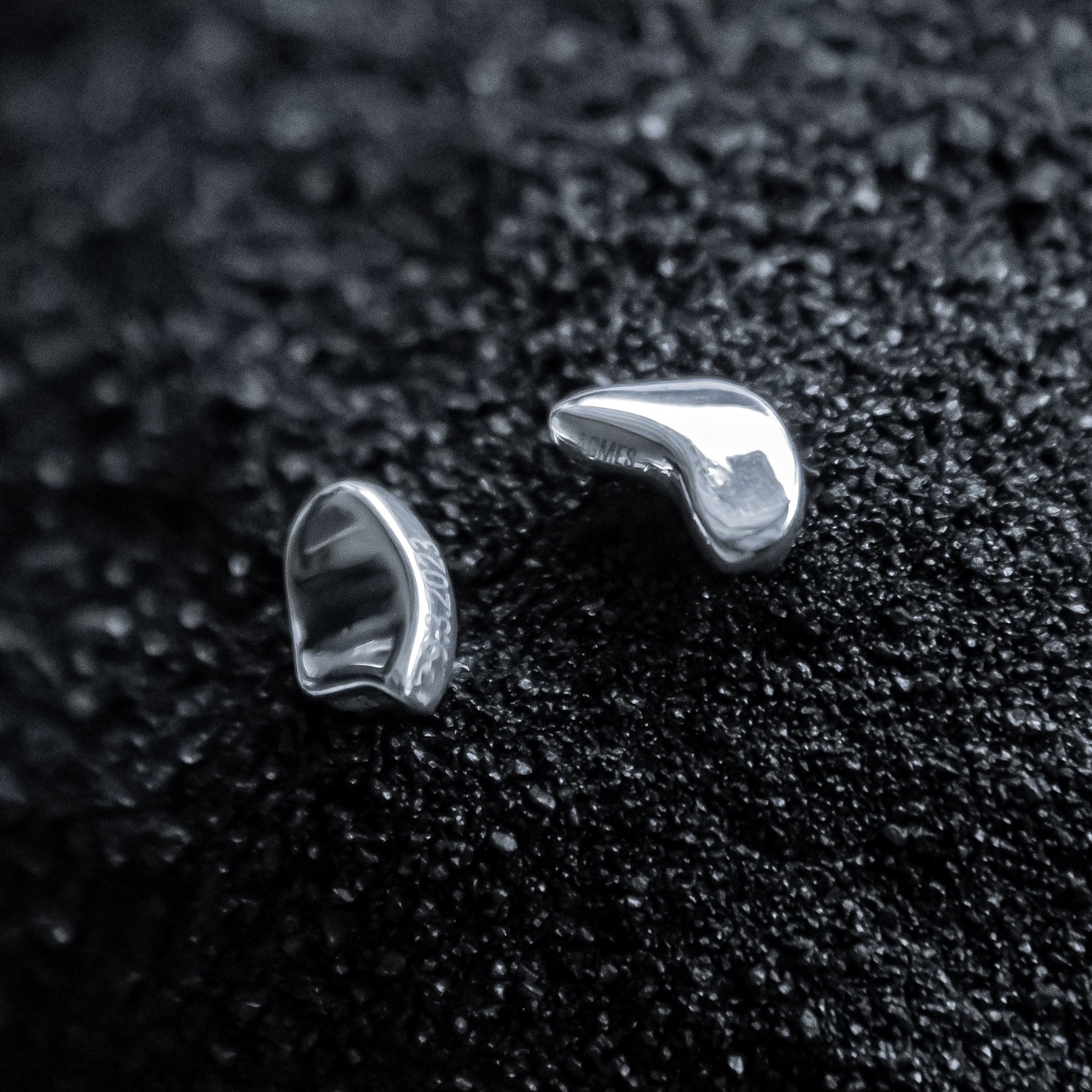 AGMES .925 Sterling Silver Sum of Parts Brooch set on black sand. Set of two with custom engravings.
