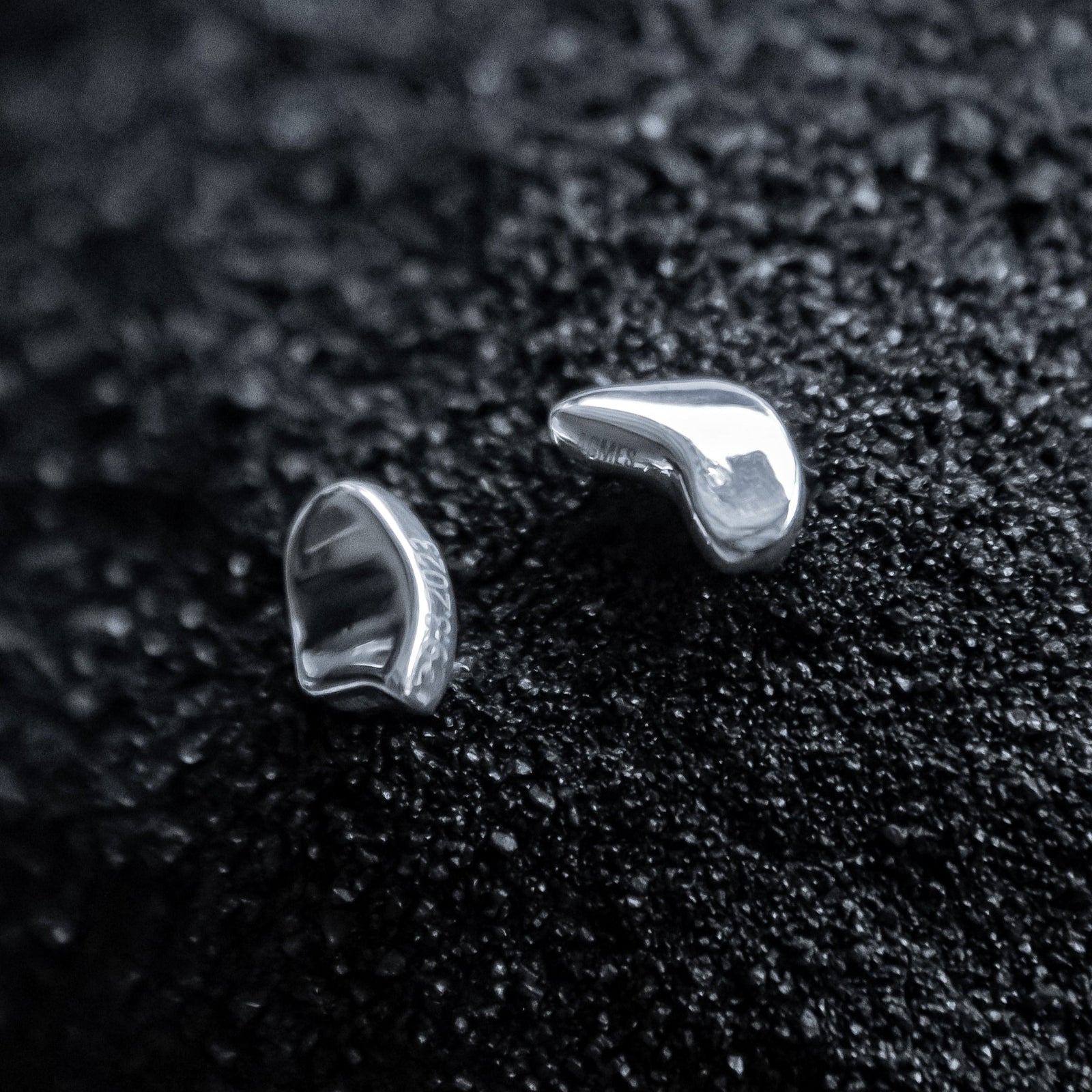 AGMES .925 Sterling Silver Sum of Parts Brooch set on black sand. Set of two with custom engravings.