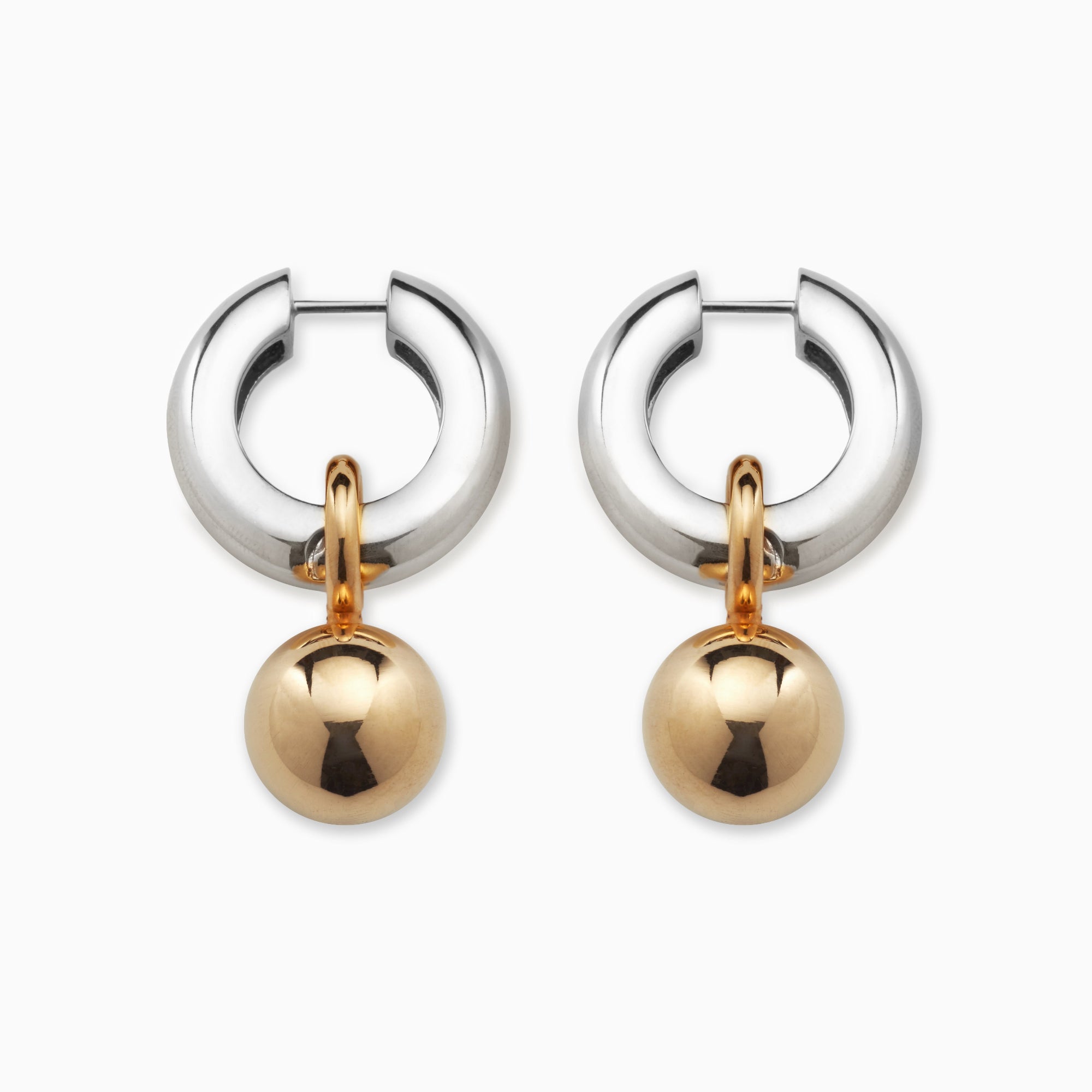 AGMES 0.925 sterling silver hinged hoop earrings with 18k yellow gold round embellishments.