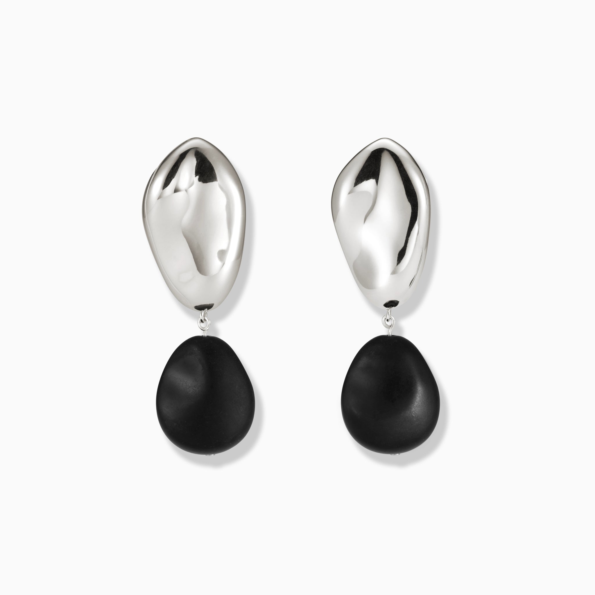 AGMES .925 sterling silver oval shaped earrings with black onyx bead drop on white background