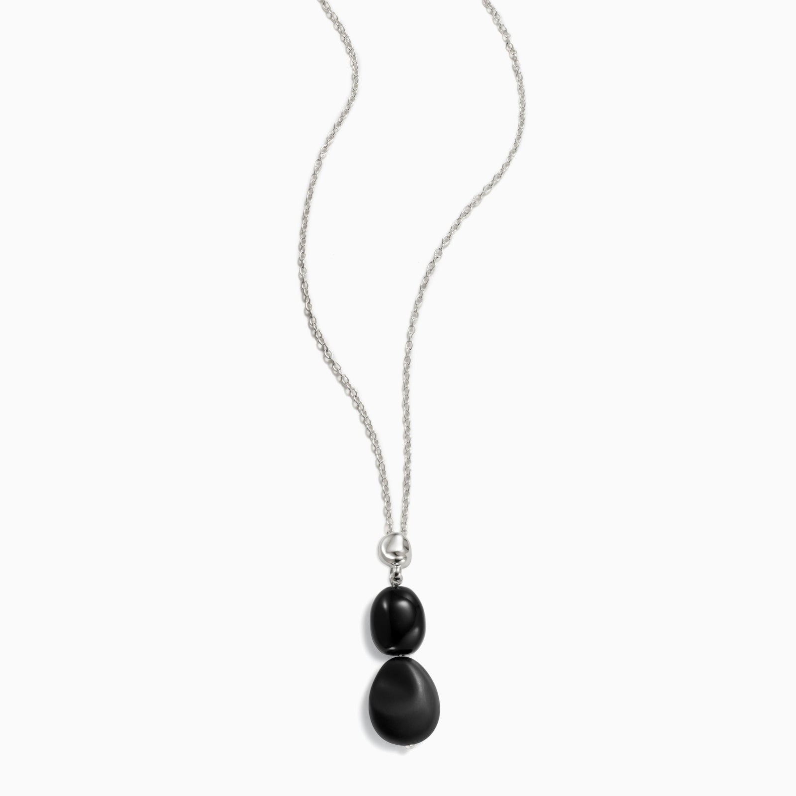 Black Onyx beaded pendant drop necklace on sterling silver chain on white background