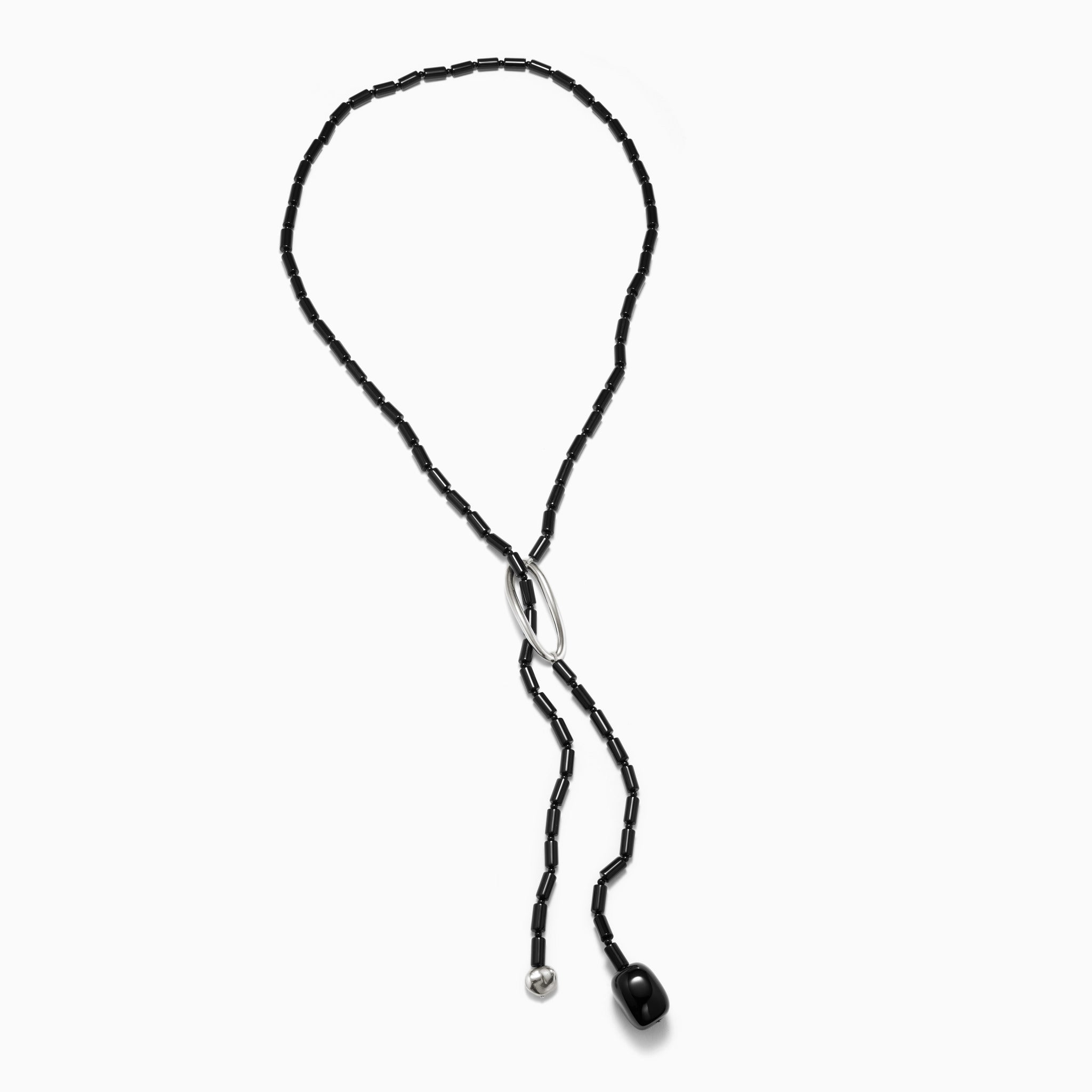 Black Onyx beaded lasso lariat style necklace with sterling silver accents on white background