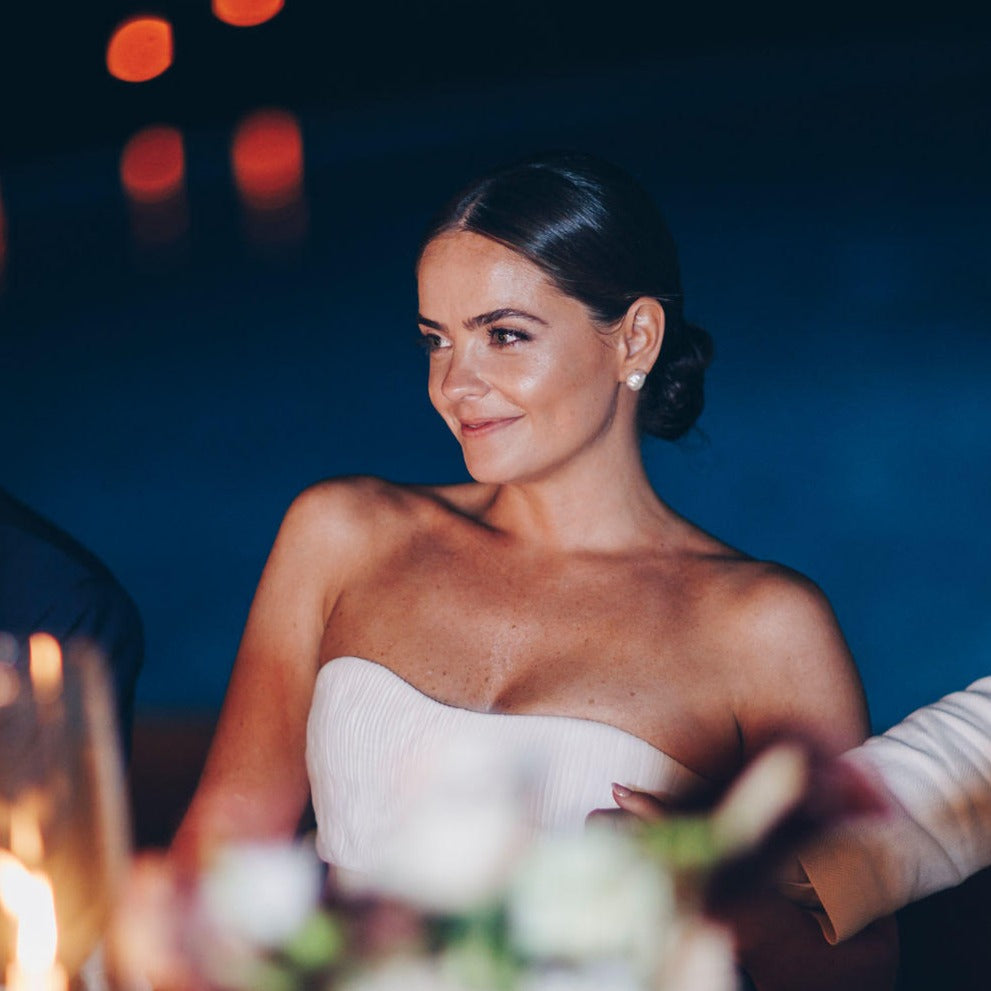 Bride wearing the AGMES Baroque Pearl Studs. Pearl Earrings.