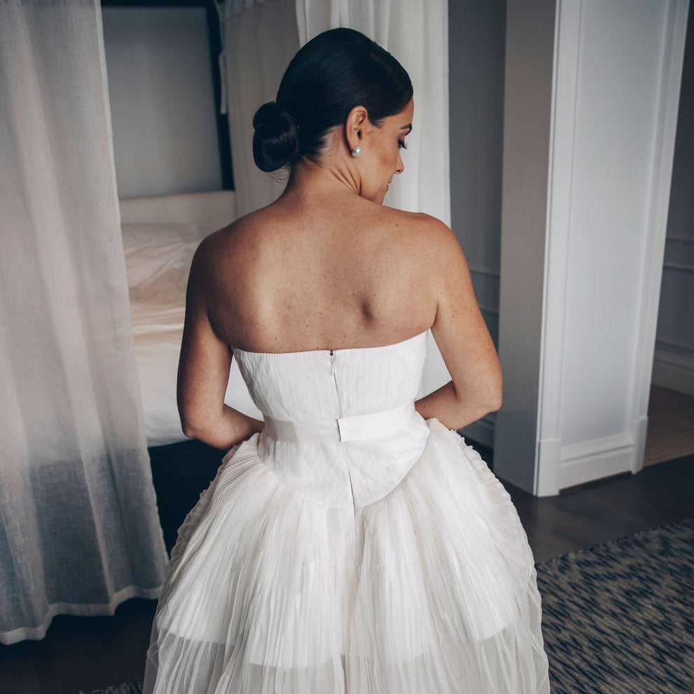 Bride wearing the AGMES Baroque Pearl Studs. Pearl Earrings.