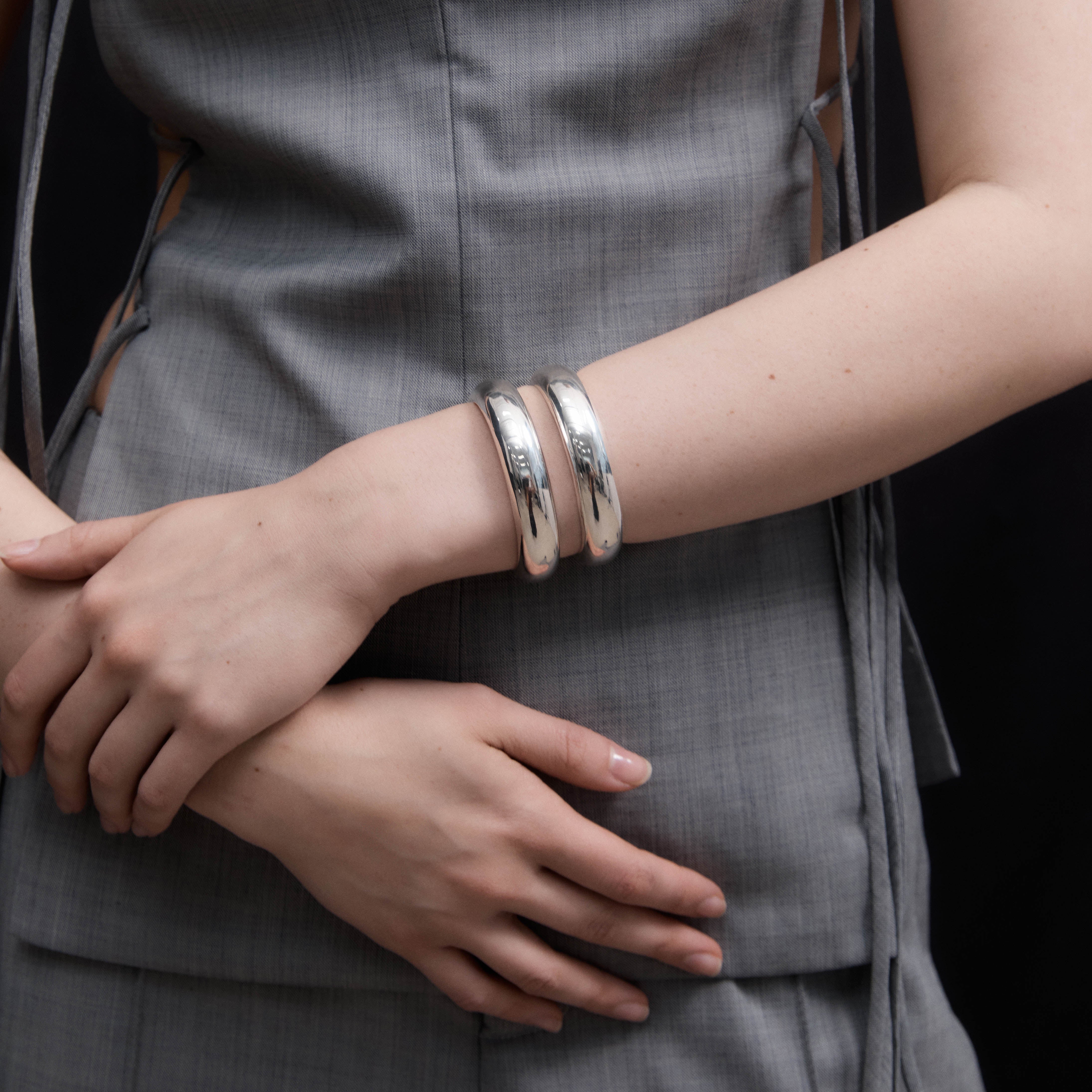 Person wearing AGMES 0.925 Sterling Silver Charlotte Cuff. Double cuff bracelet