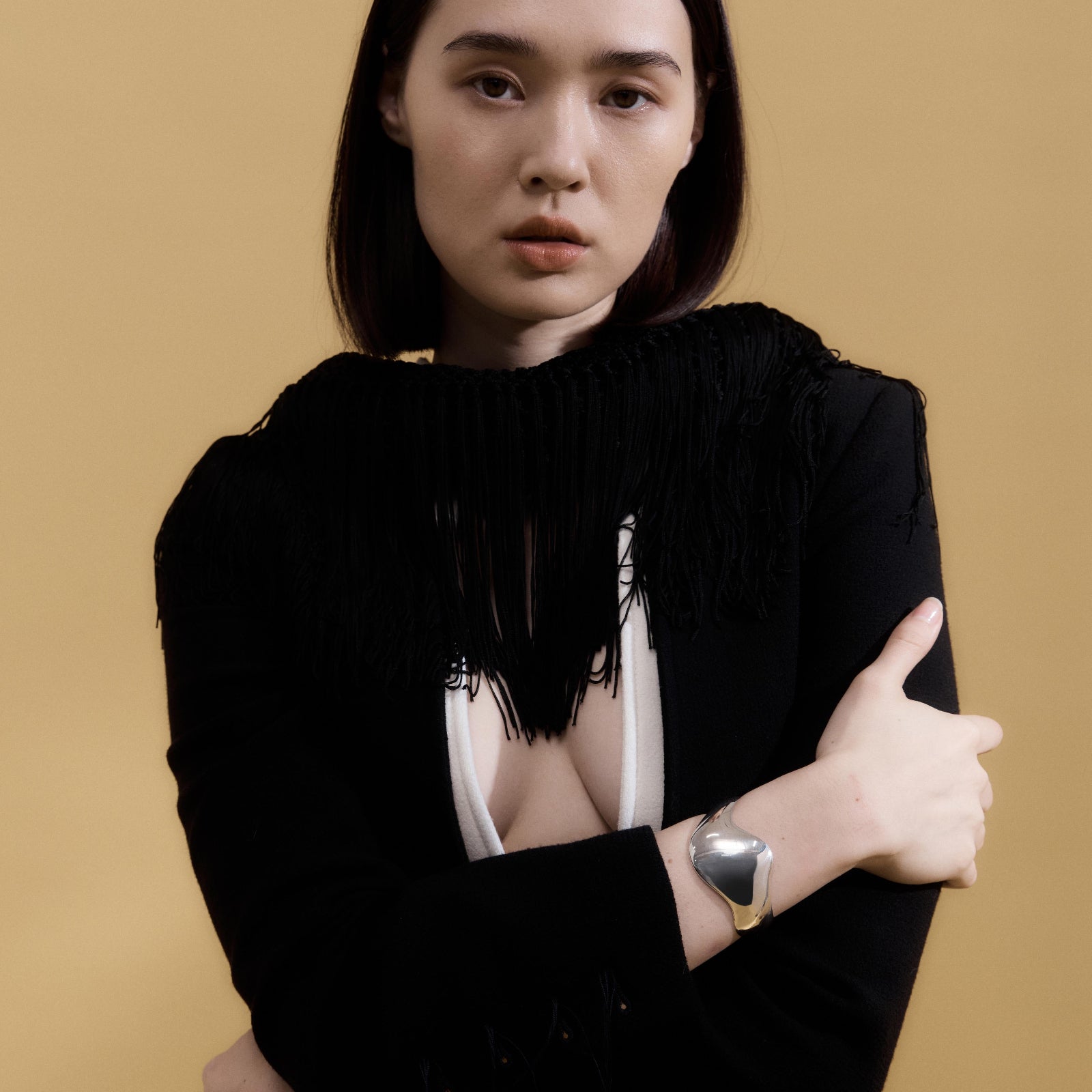 Woman wearing AGMES 0.925 sterling silver Claudia Cuff Curved Modern Sculptural Bracelet Cuff