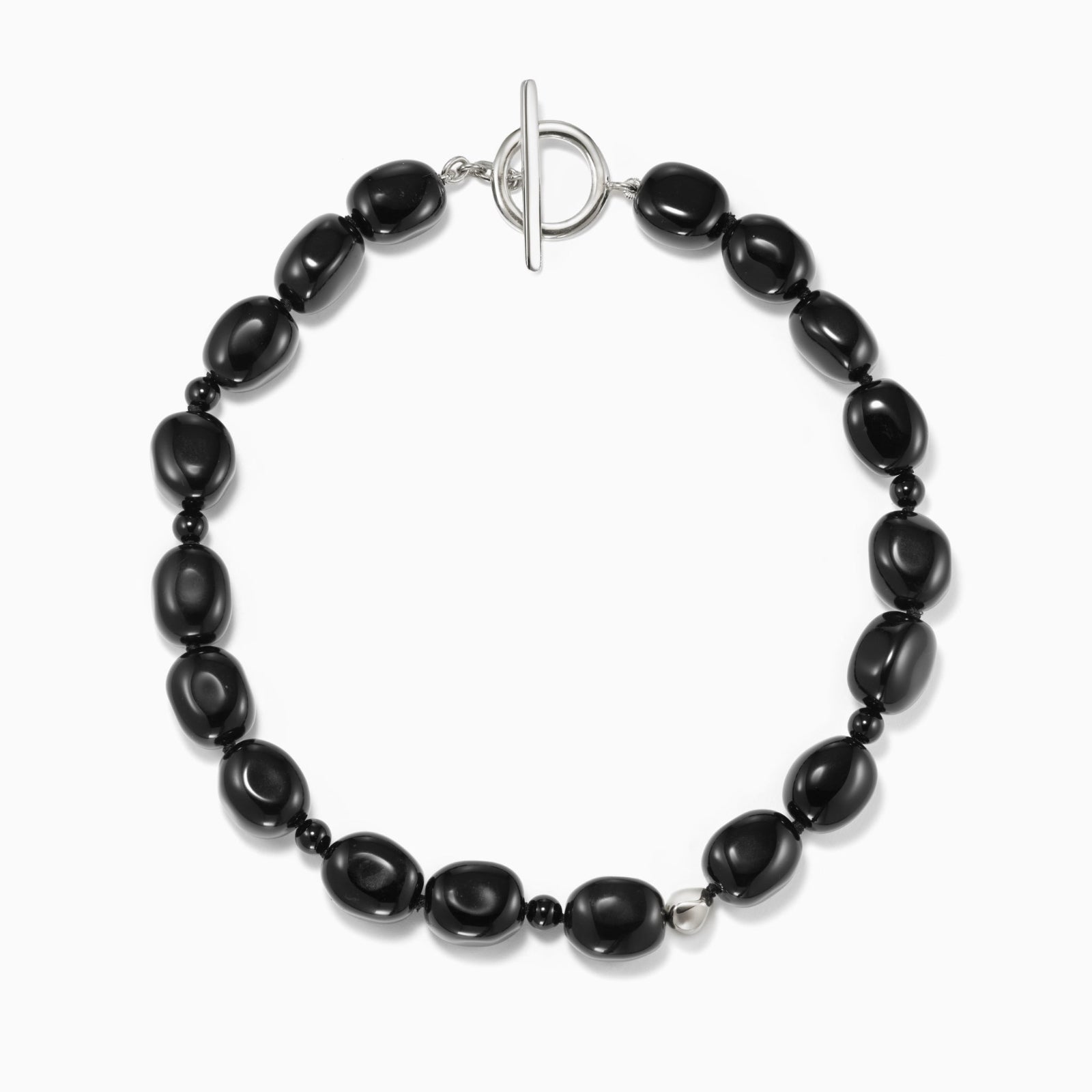 Black onyx beaded necklace with .925 sterling silver accent on white background
