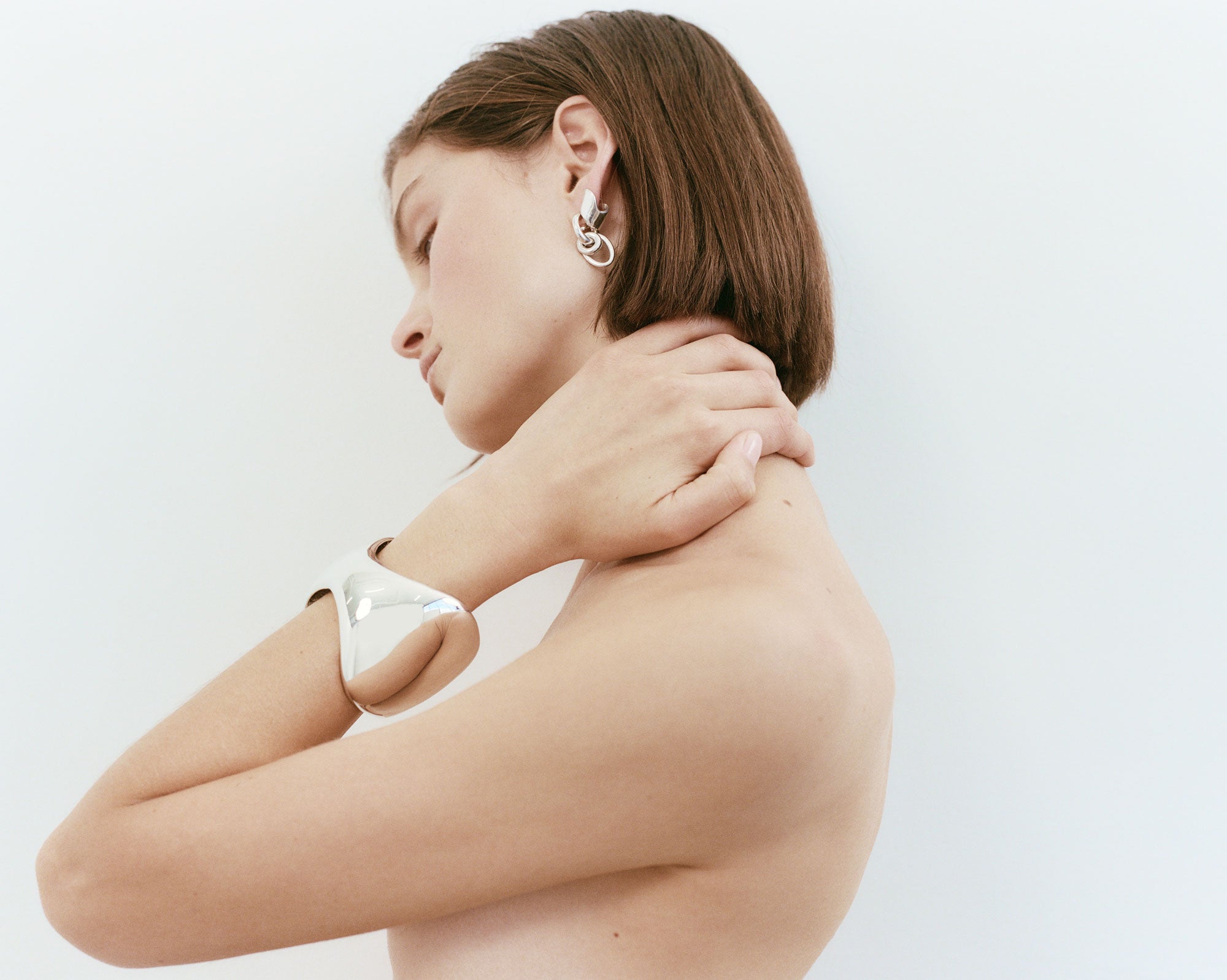 AGMES 0.925 Sterling silver Giselle Cuff. Large Cuff Bracelet. Worn with Nelle Ellipses hoops.