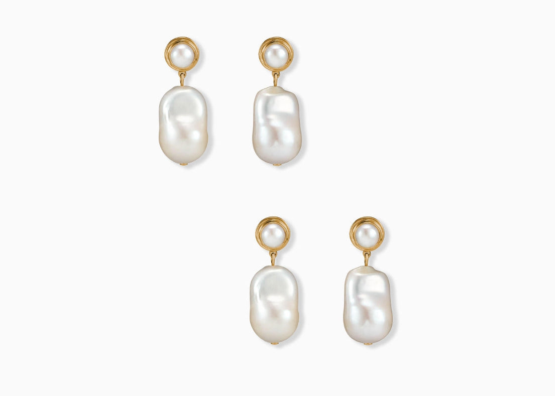 two pairs of 18k gold vermeil delphine earrings with pearl drop on white background