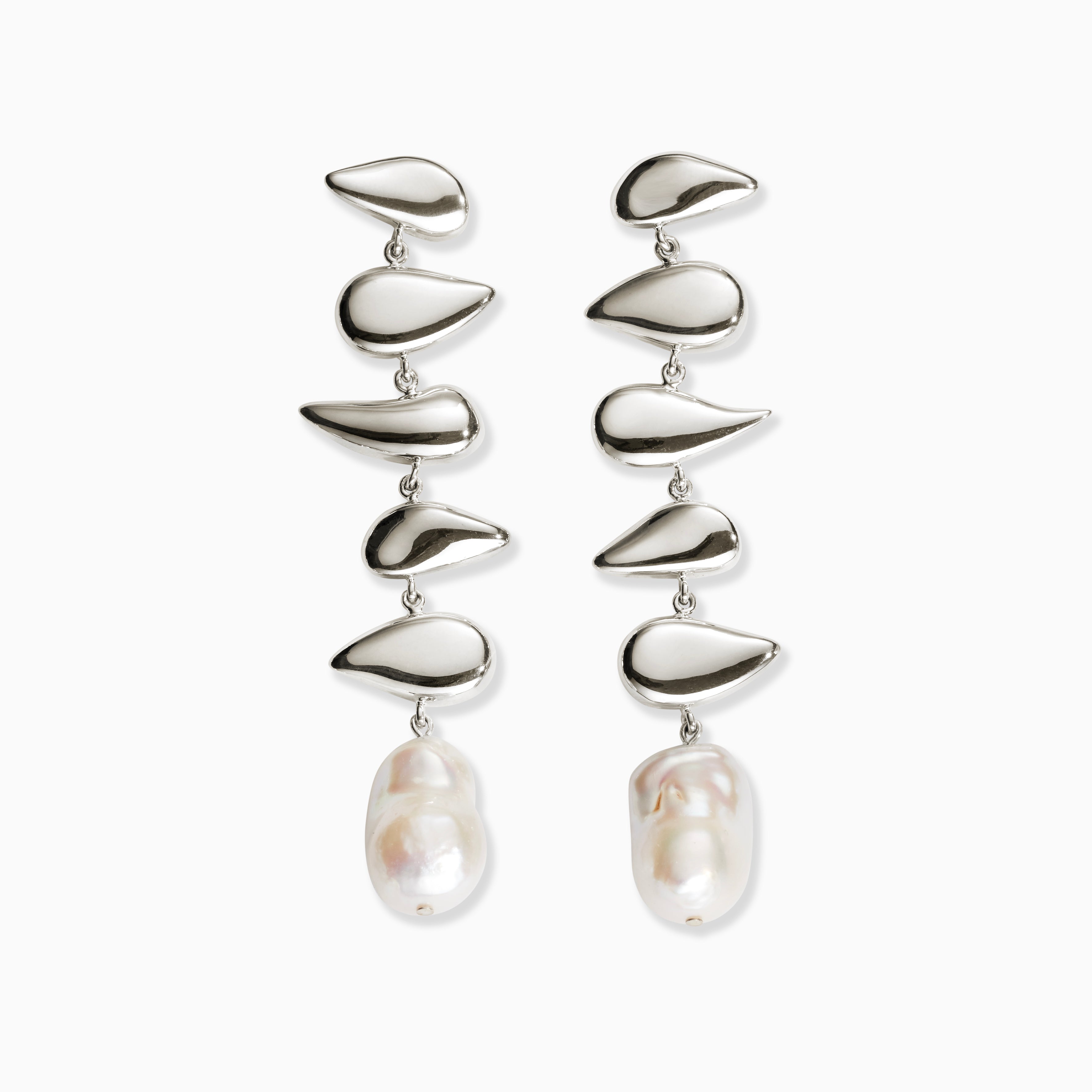 AGMES 0.925 sterling silver long drop pearl Flora earrings.