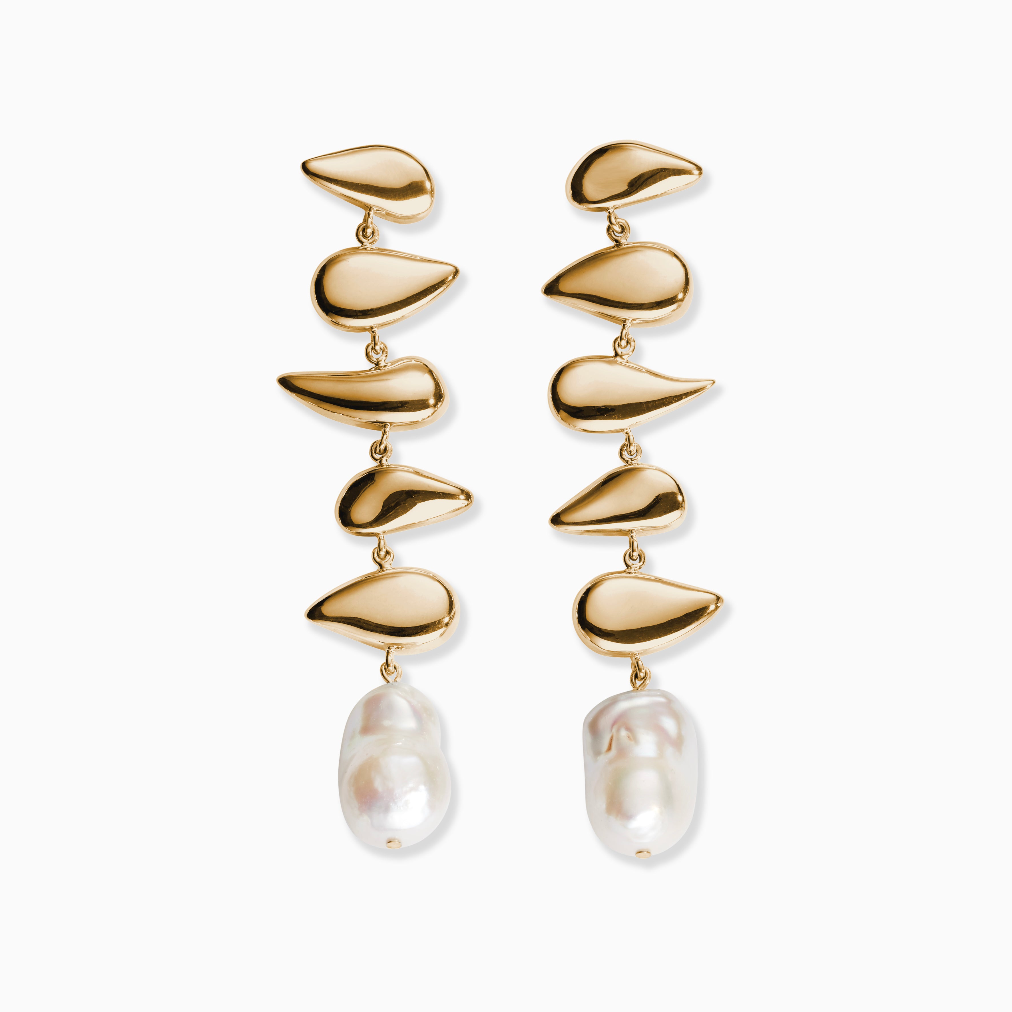 AGMES yellow gold vermeil long drop pearl Flora earrings.