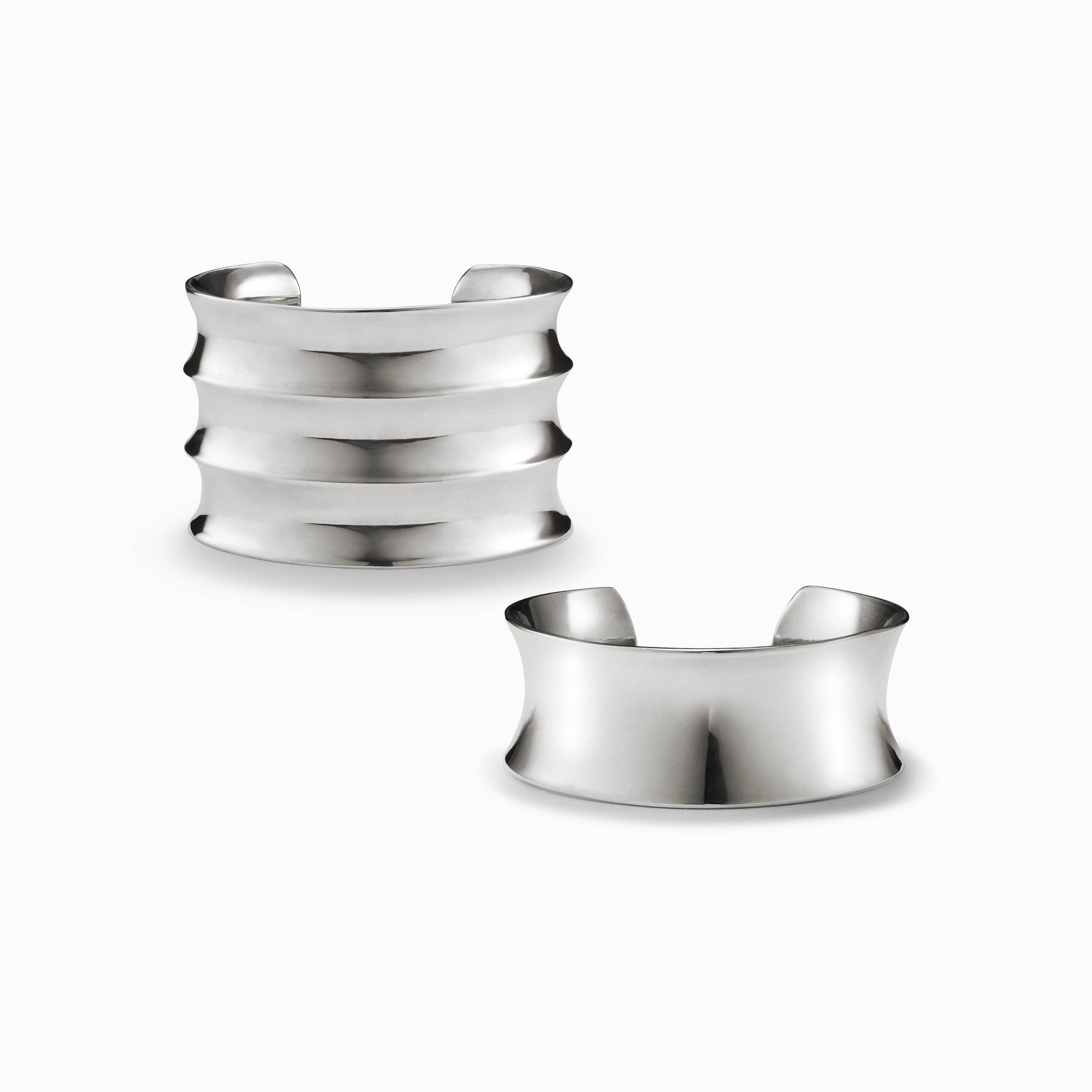 AGMES 0.925 sterling silver wide ridged cuff and rounded cuff set.