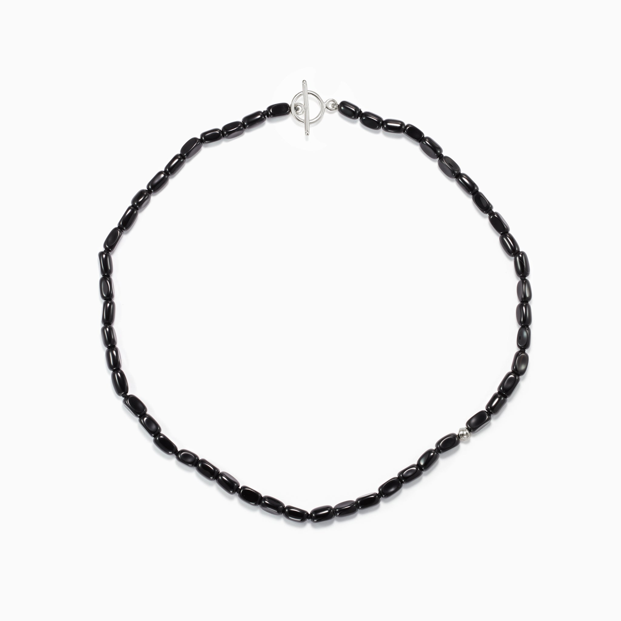 back onyx beaded necklace with 0.925 sterling silver accent on white background