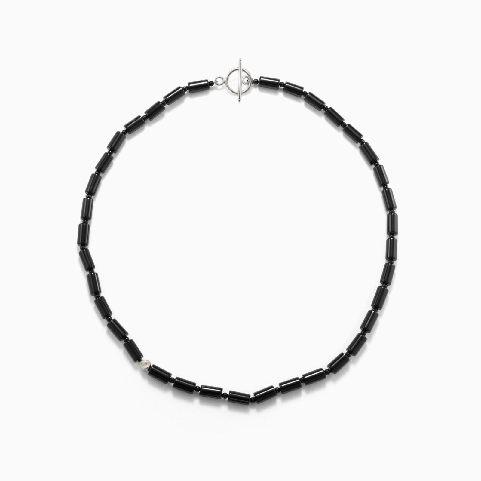 Black onyx beaded necklace with .925 sterling silver accent on white background