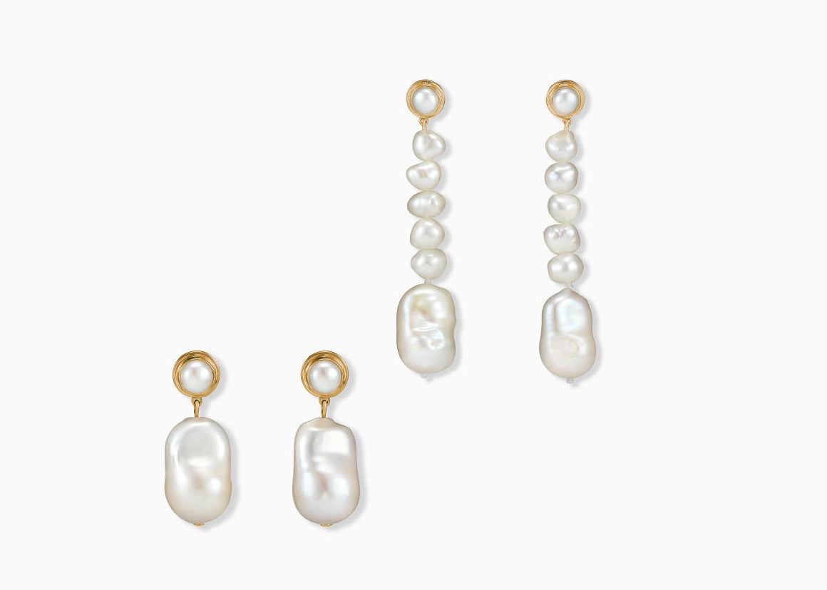 AGMES 18k gold vermeil and baroque freshwater pearl Delphine and Emmanuelle earrings on white background.