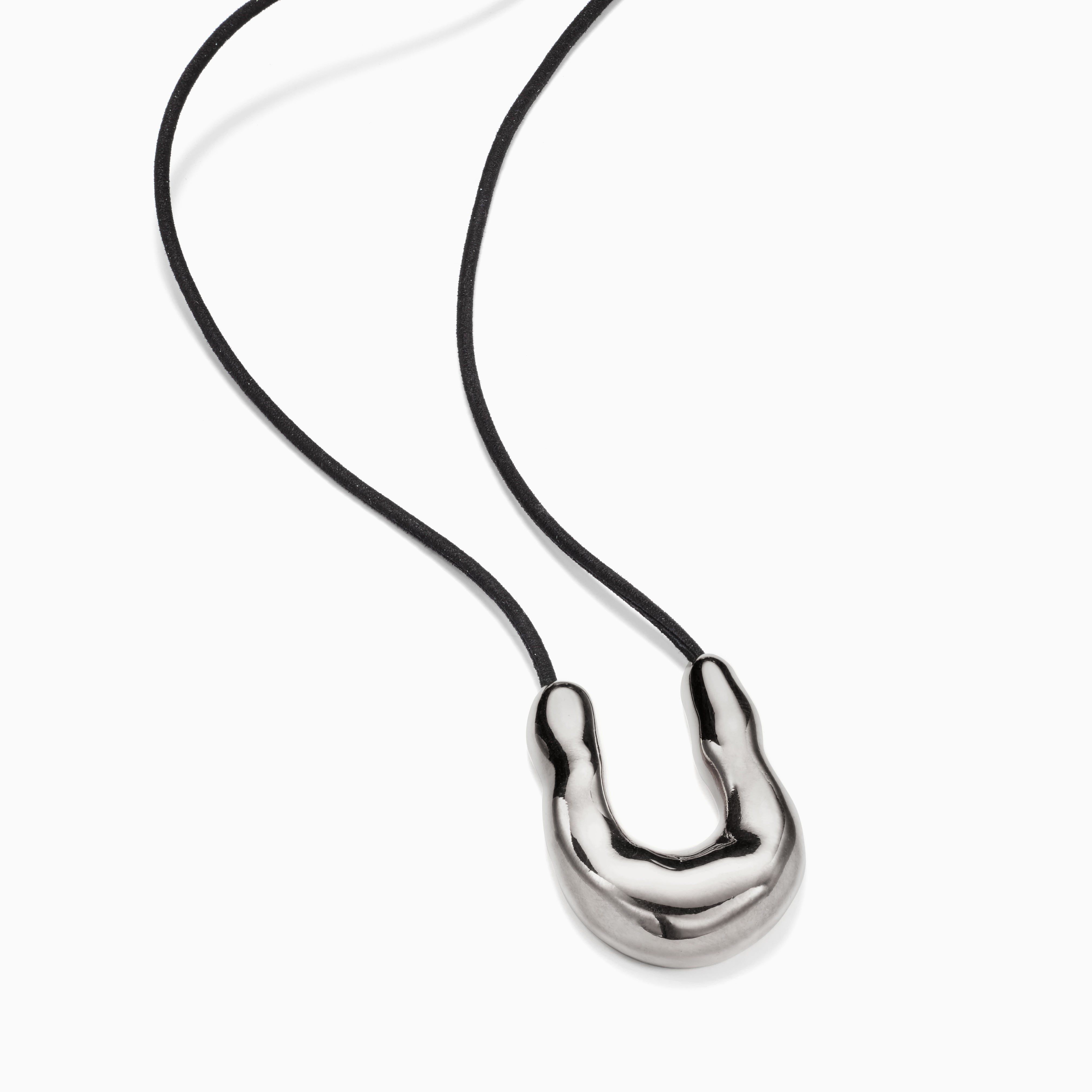 AGMES 0.925 Sterling Silver Wishbone Pendant on Black Suede Cord