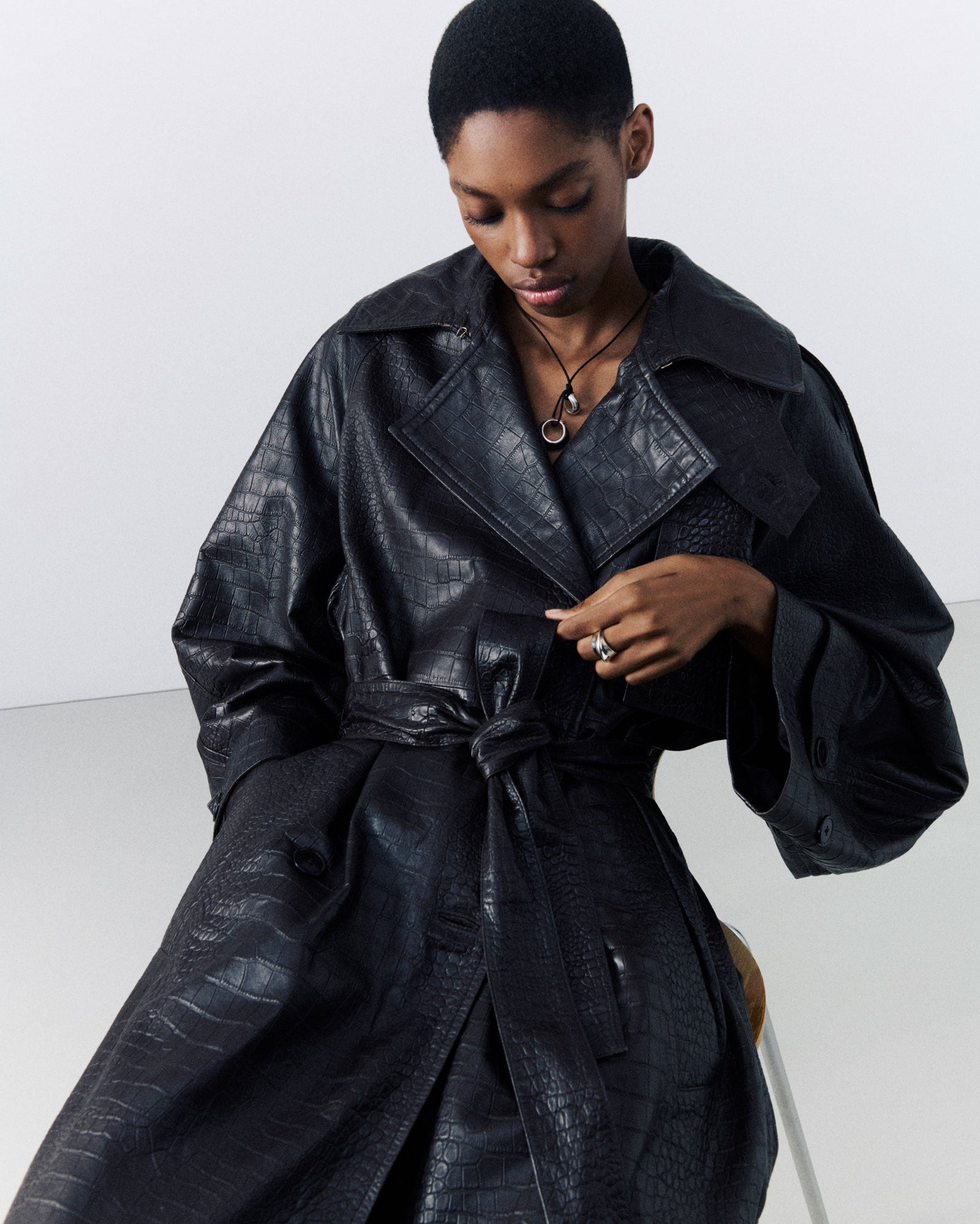 Model wearing .925 sterling silver AGMES Rae Pendant on Black Suede cord