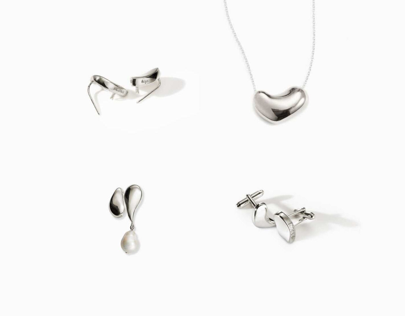 .925 sterling silver bridal party jewelry set of mini brooches, small sculpted heart pendant necklace, pearl brooch, and cufflinks on white background