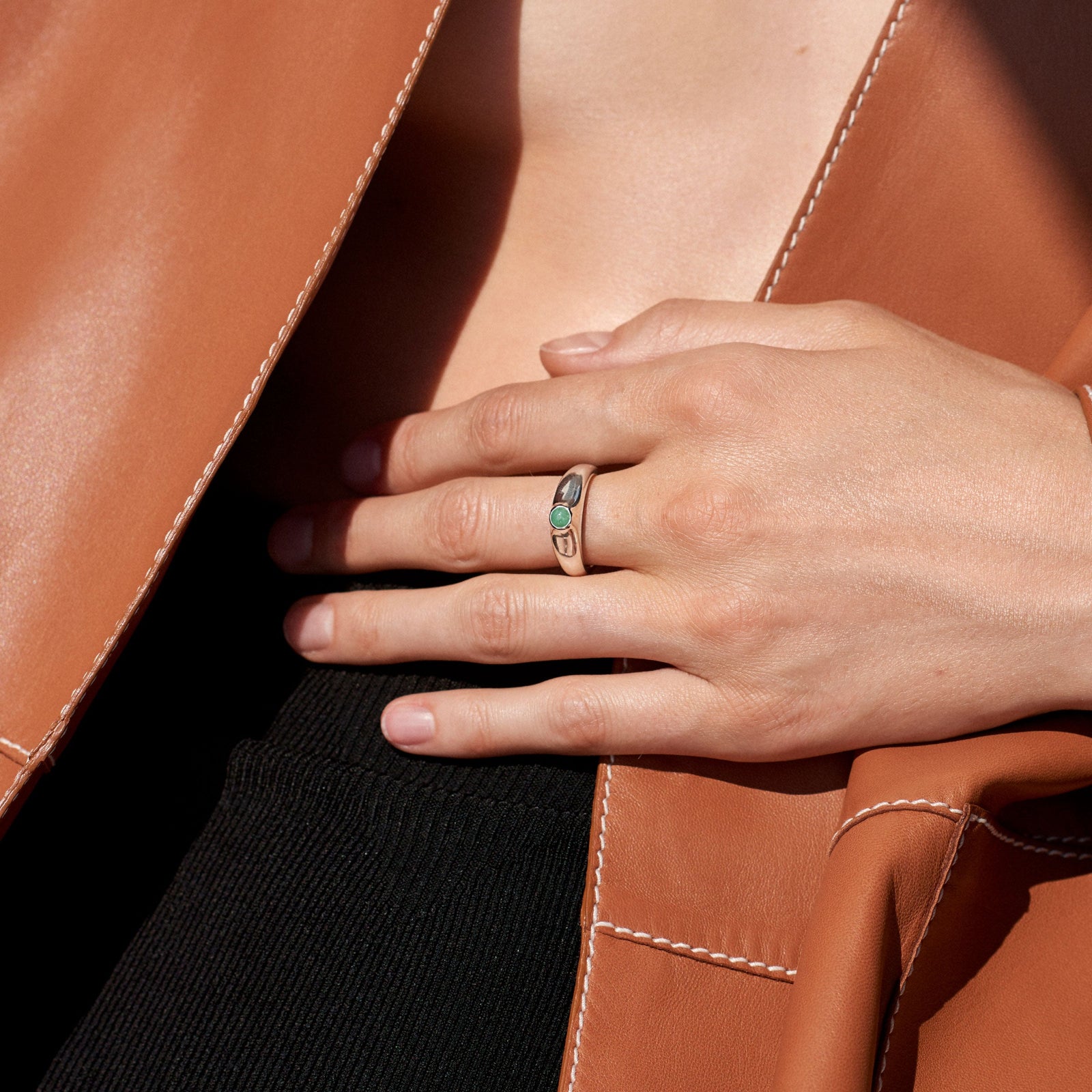 AGMES .925 Sterling Silver Cara Ring with Jade Stone center.