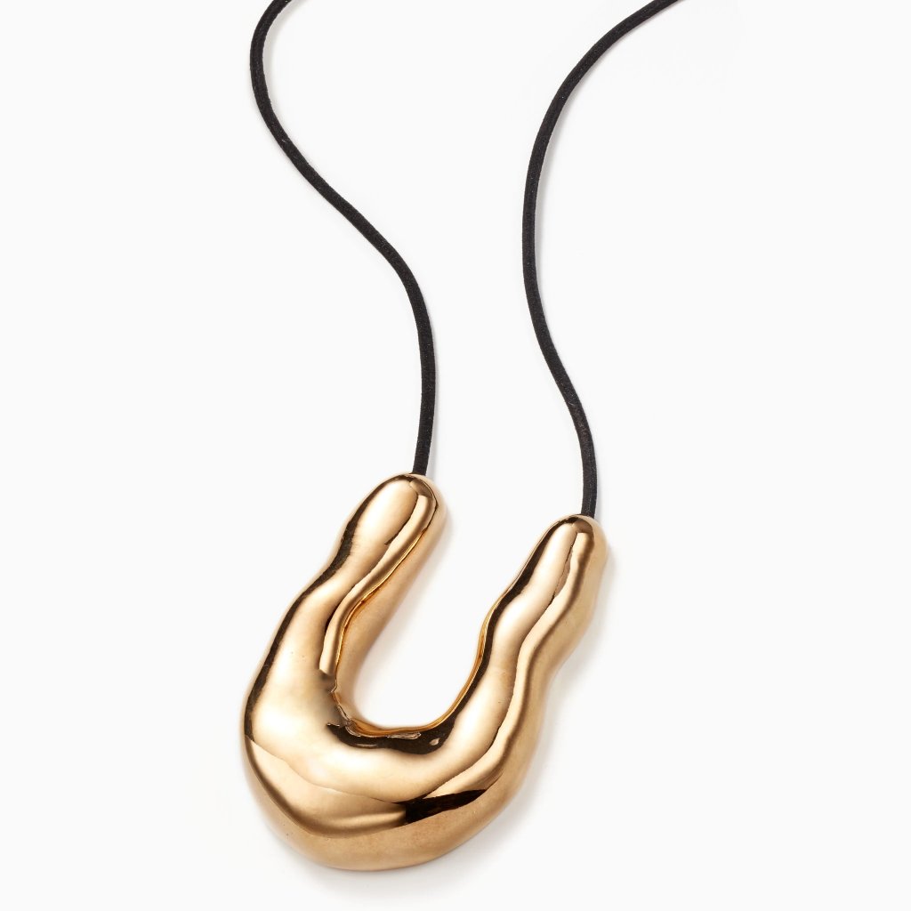 AGMES 18k Gold Vermeil Large Wishbone Pendant on Black Suede Cord.