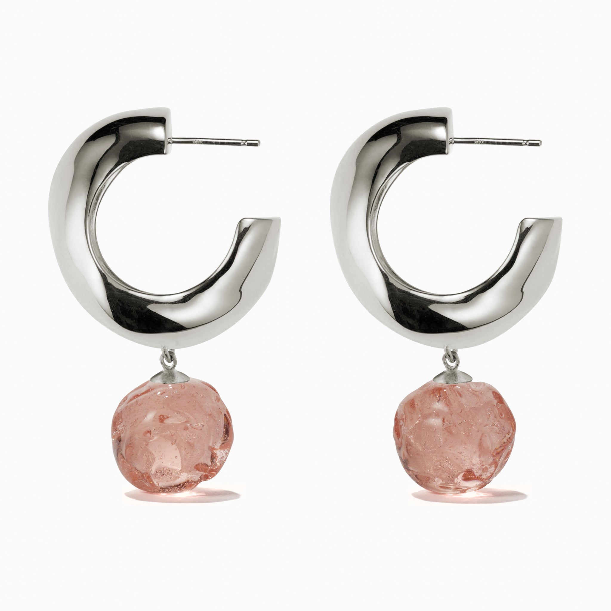 AGMES 0.925 sterling silver medium Cleo hoop earrings with rose glass bead drop on white background.