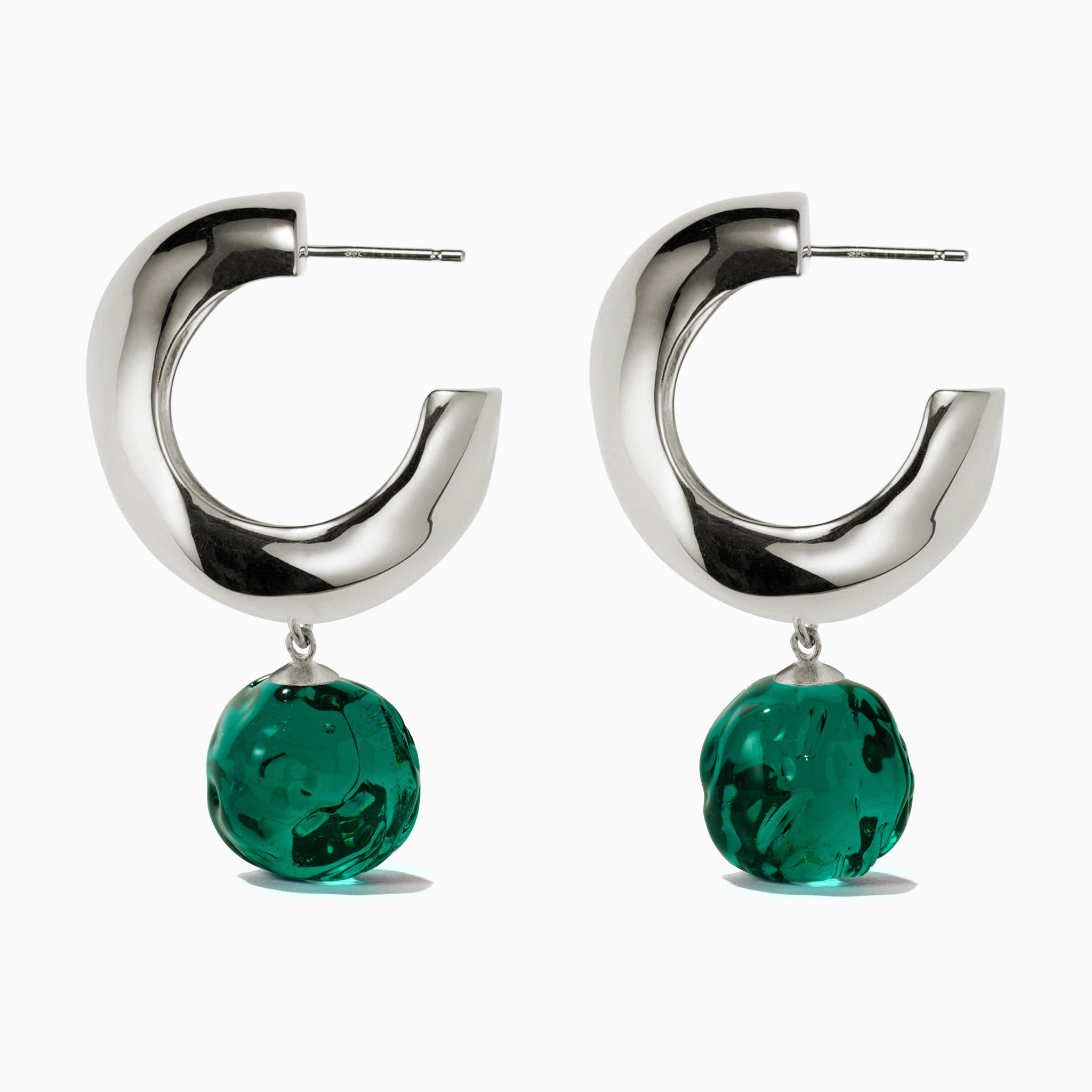 AGMES 0.925 sterling silver medium Cleo hoop earrings with green glass bead drop on white background.