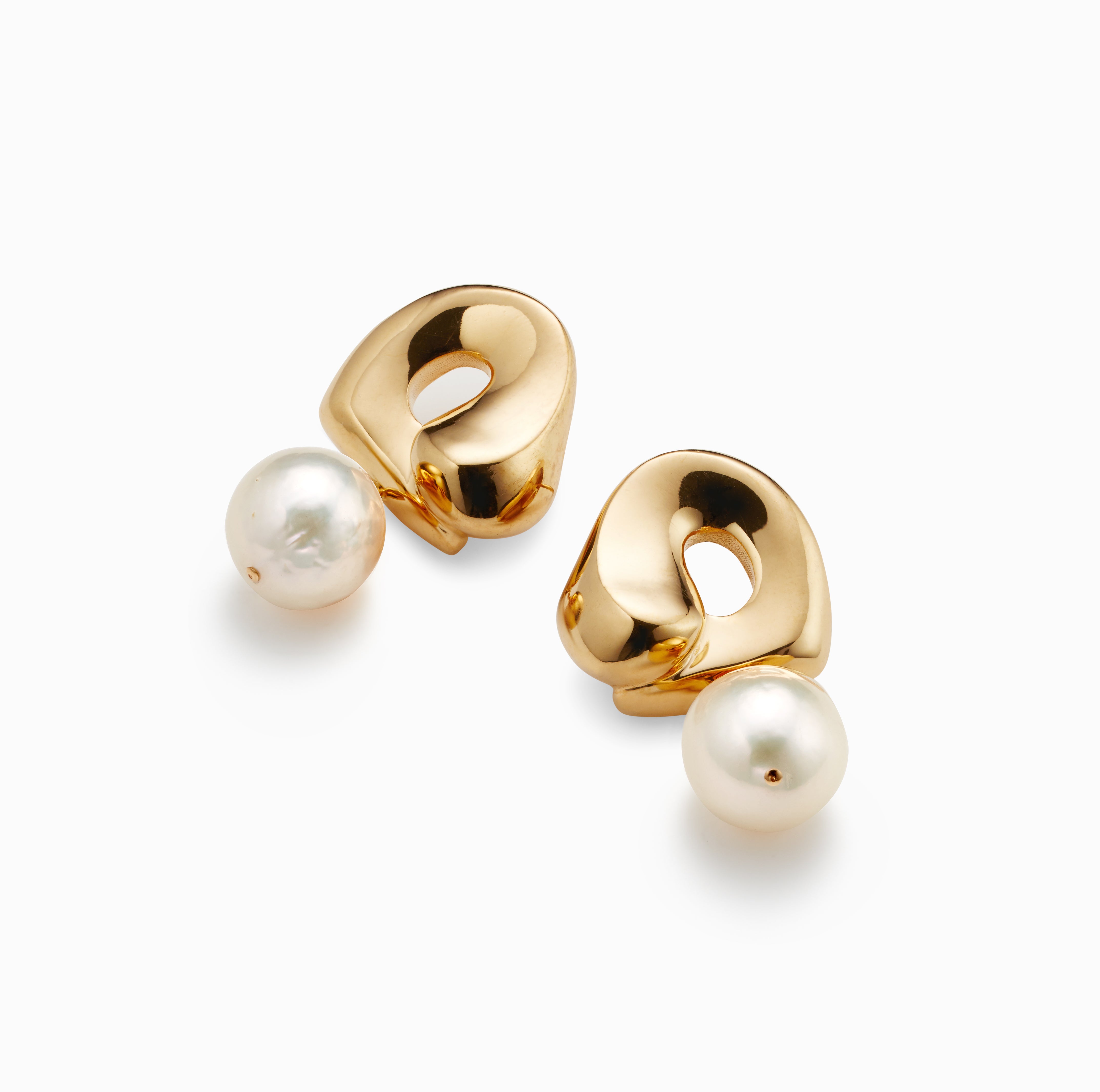 AGMES 18k gold vermeil sculpted Gertrude pearl drop earrings. Simone Bodmer-Turner.