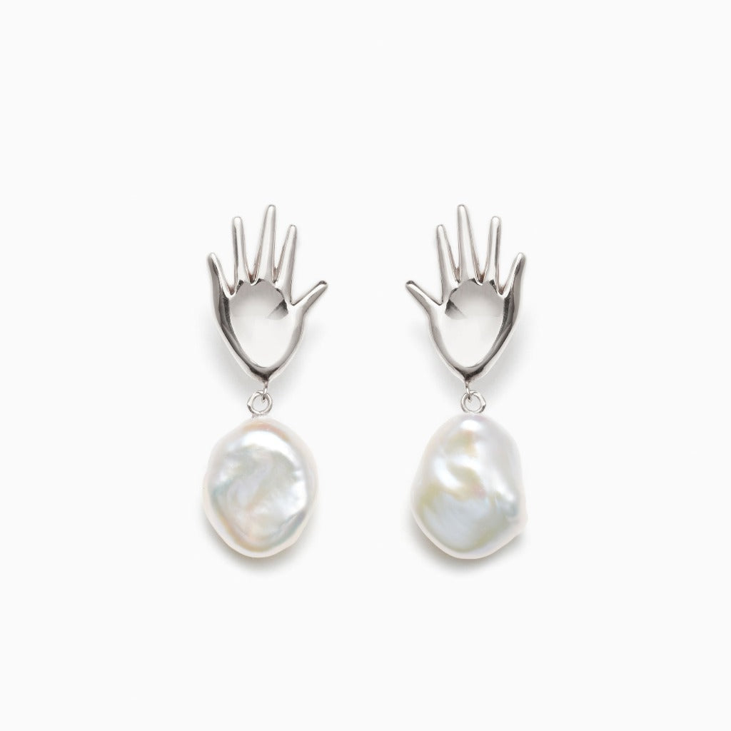 AGMES 0.925 sterling silver abstract hand earrings with baroque freshwater pearl drop.
