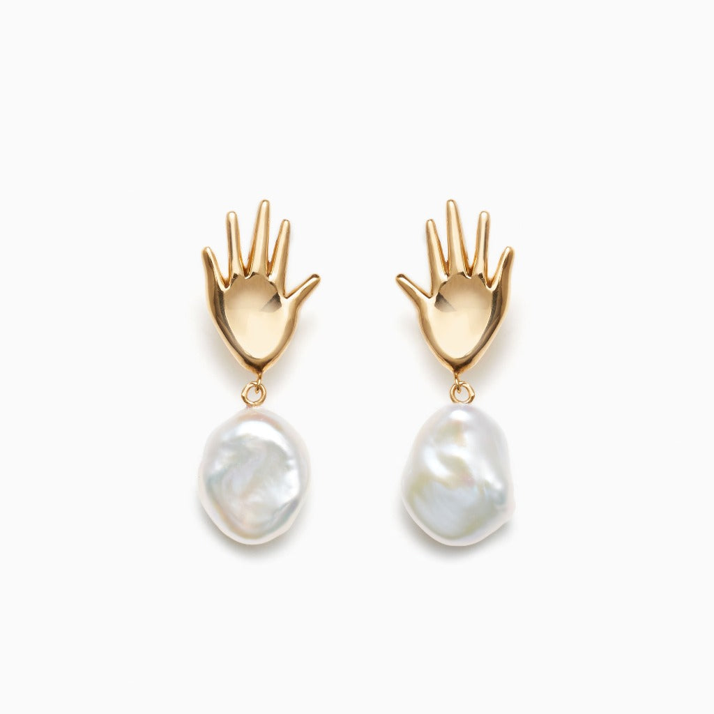 AGMES 18k gold vermeil abstract hand earrings with baroque freshwater pearl drop.