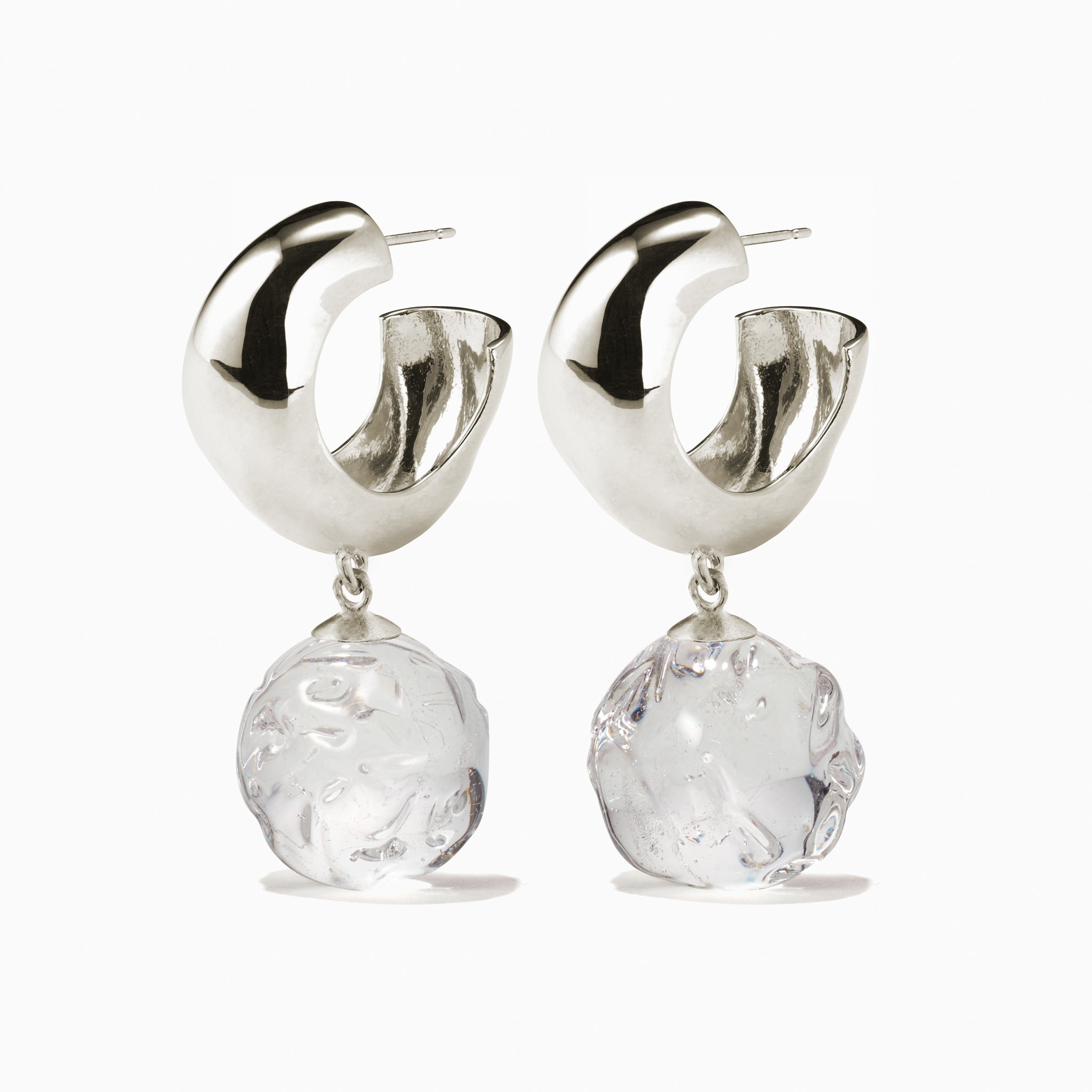 AGMES 0.925 sterling silver small Cleo hoop earrings with clear glass bead drop on white background.