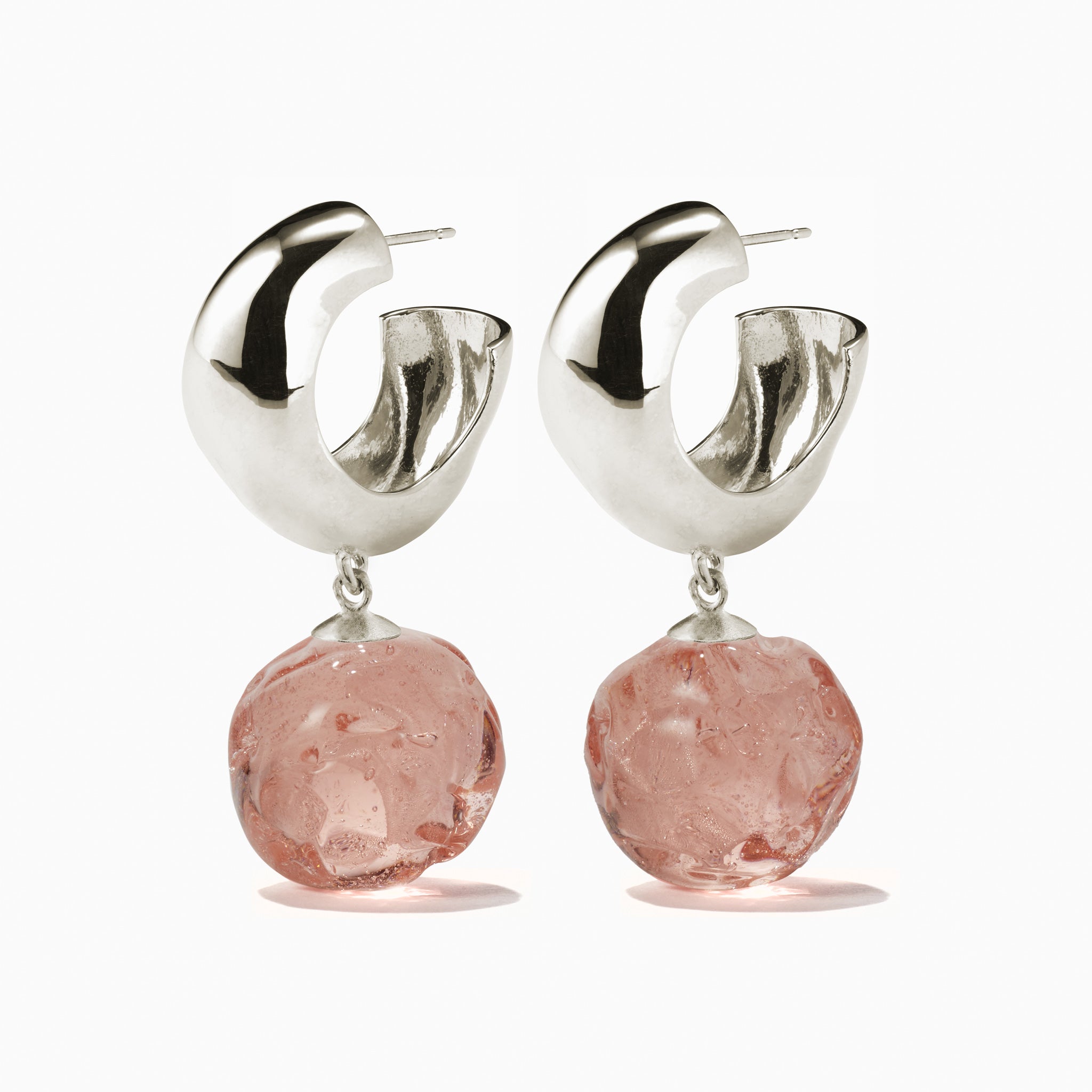 AGMES 0.925 sterling silver small Cleo hoop earrings with rose glass bead drop on white background.