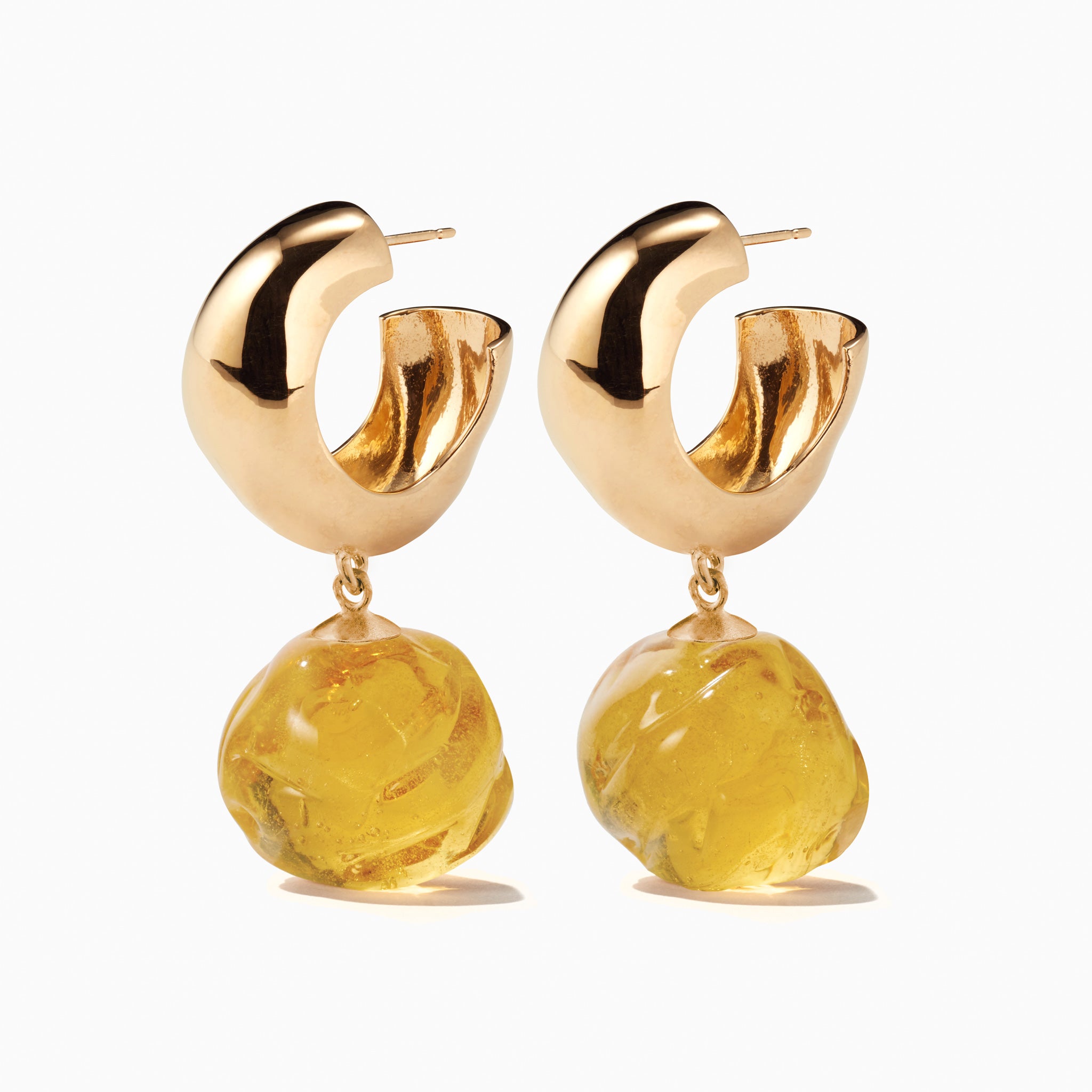 AGMES yellow gold vermeil small Cleo hoop earrings with yellow glass bead drop on white background.