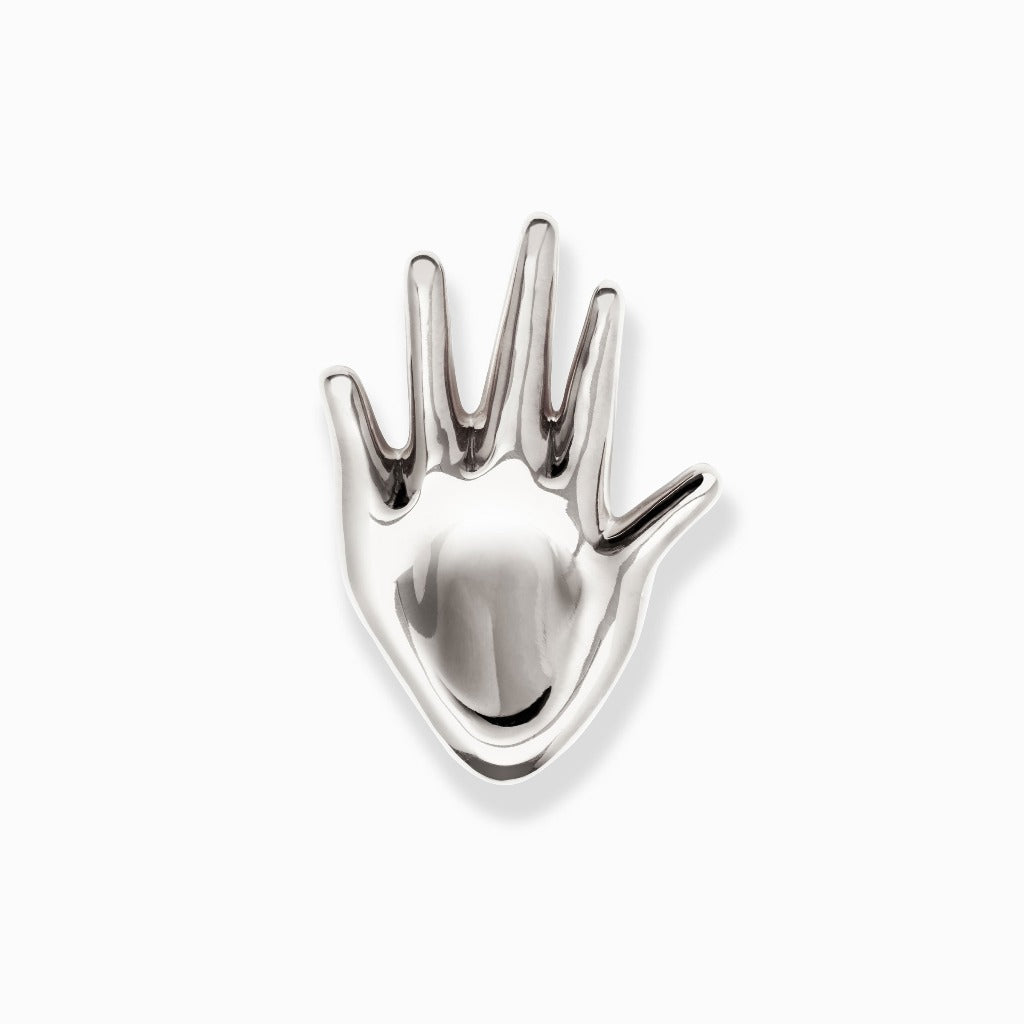 AGMES .925 Sterling Silver Large Dali Brooch on white background. Hand shaped Brooch.