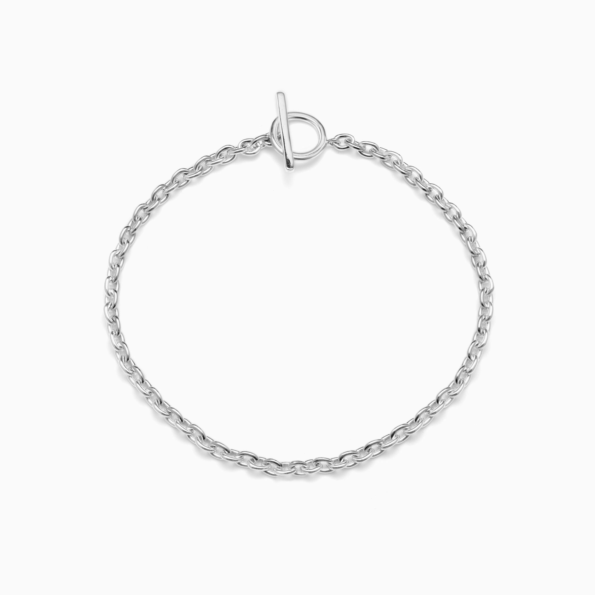 AGMES .925 Sterling Silver Classic Chain Necklace with T-Bar Clasp on white background.