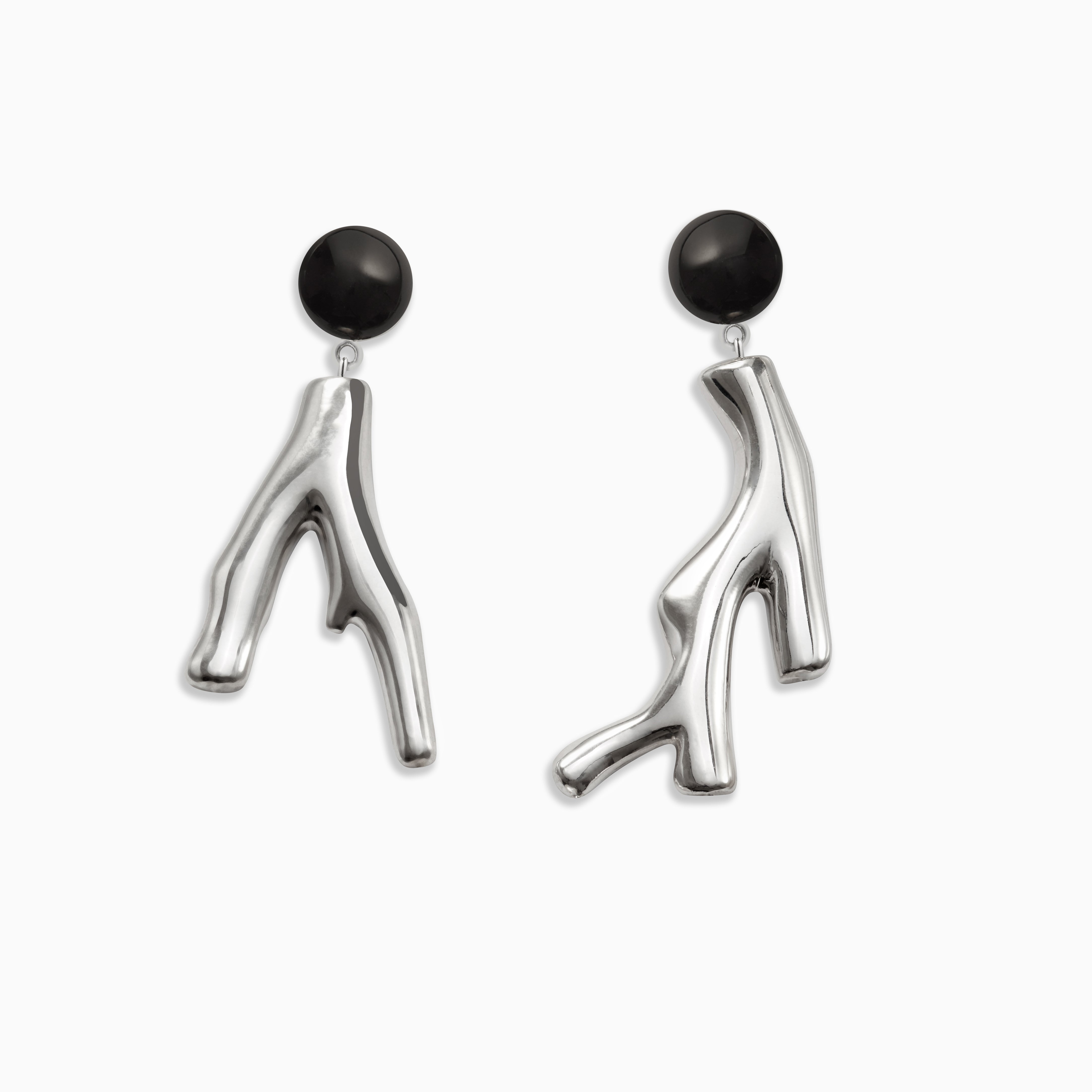 AGMES 0.925 sterling silver coral drop earrings with an onyx top on white background.