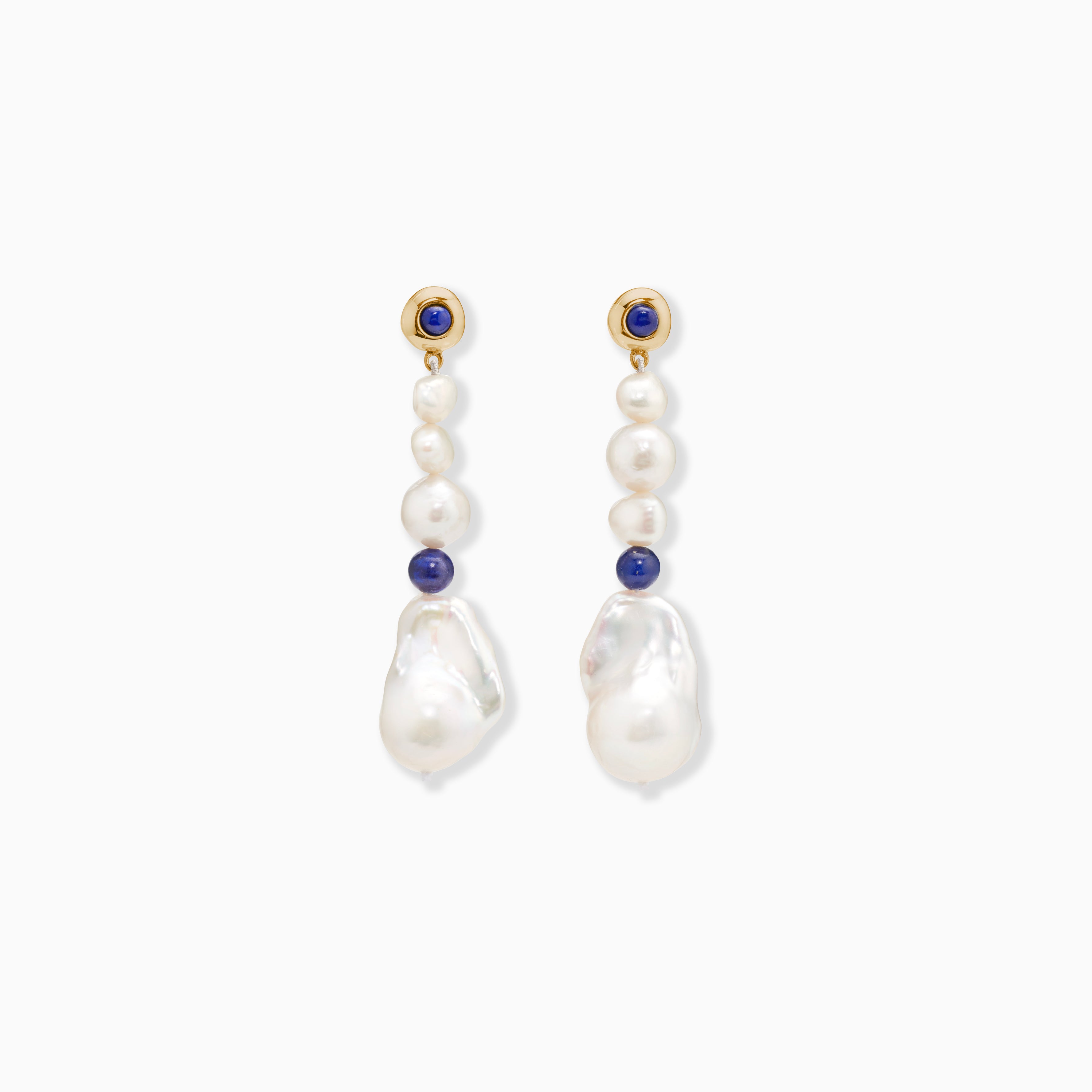 AGMES 18K Gold Vermeil Kait Earrings with Baroque Pearl and Lapis Stone drop on white background.