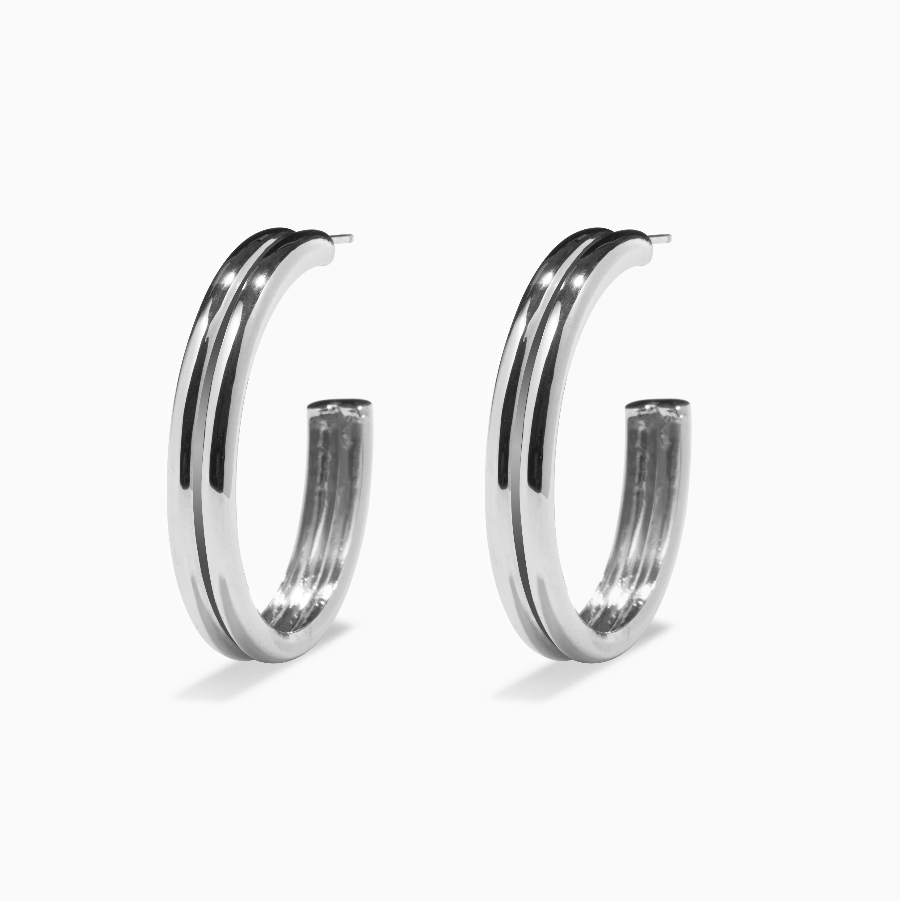 AGMES 0.925 sterling silver double ridged large hoop earrings on white background.