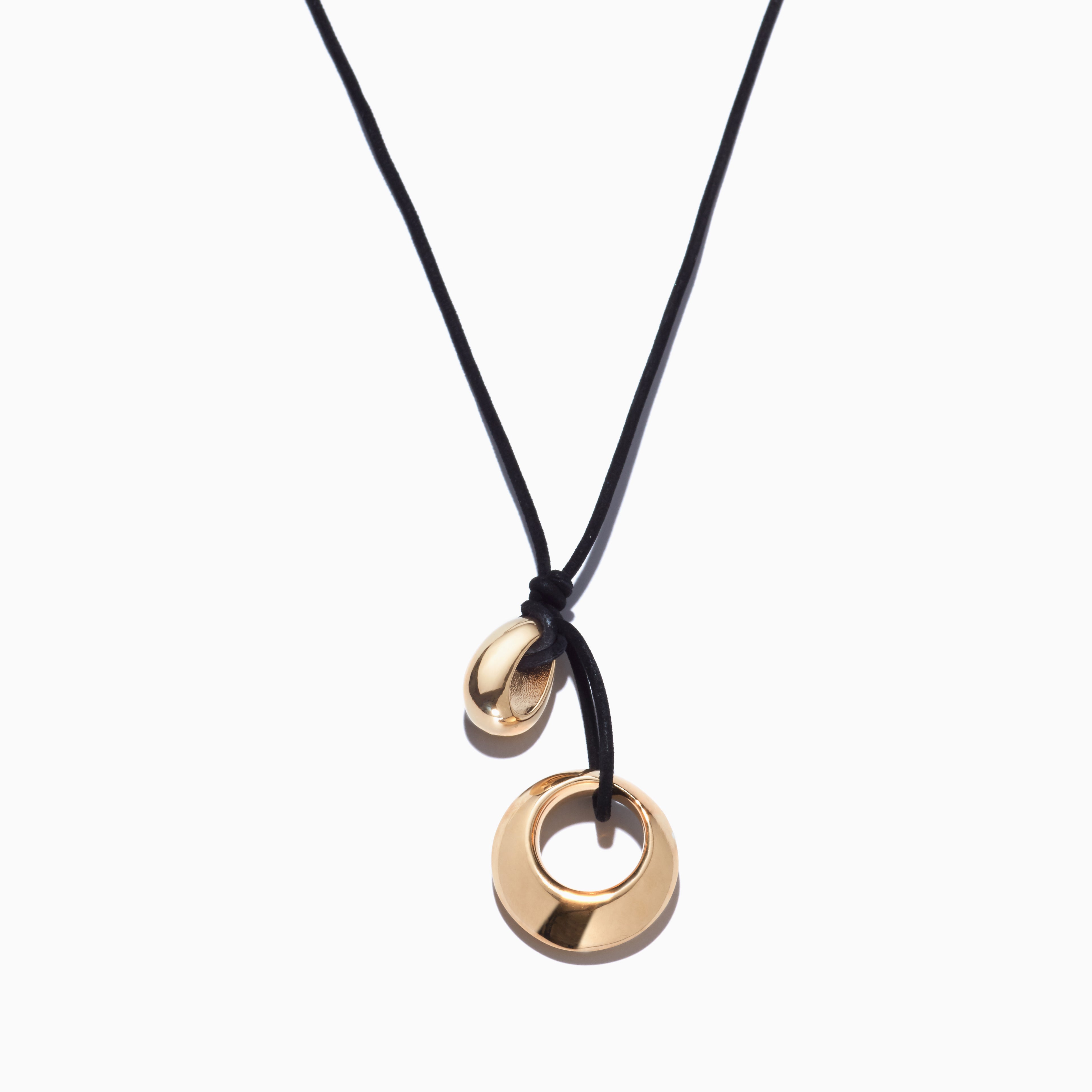AGMES 18k Gold Vermeil Rae Pendant with Black Suede Cord necklace on white background.