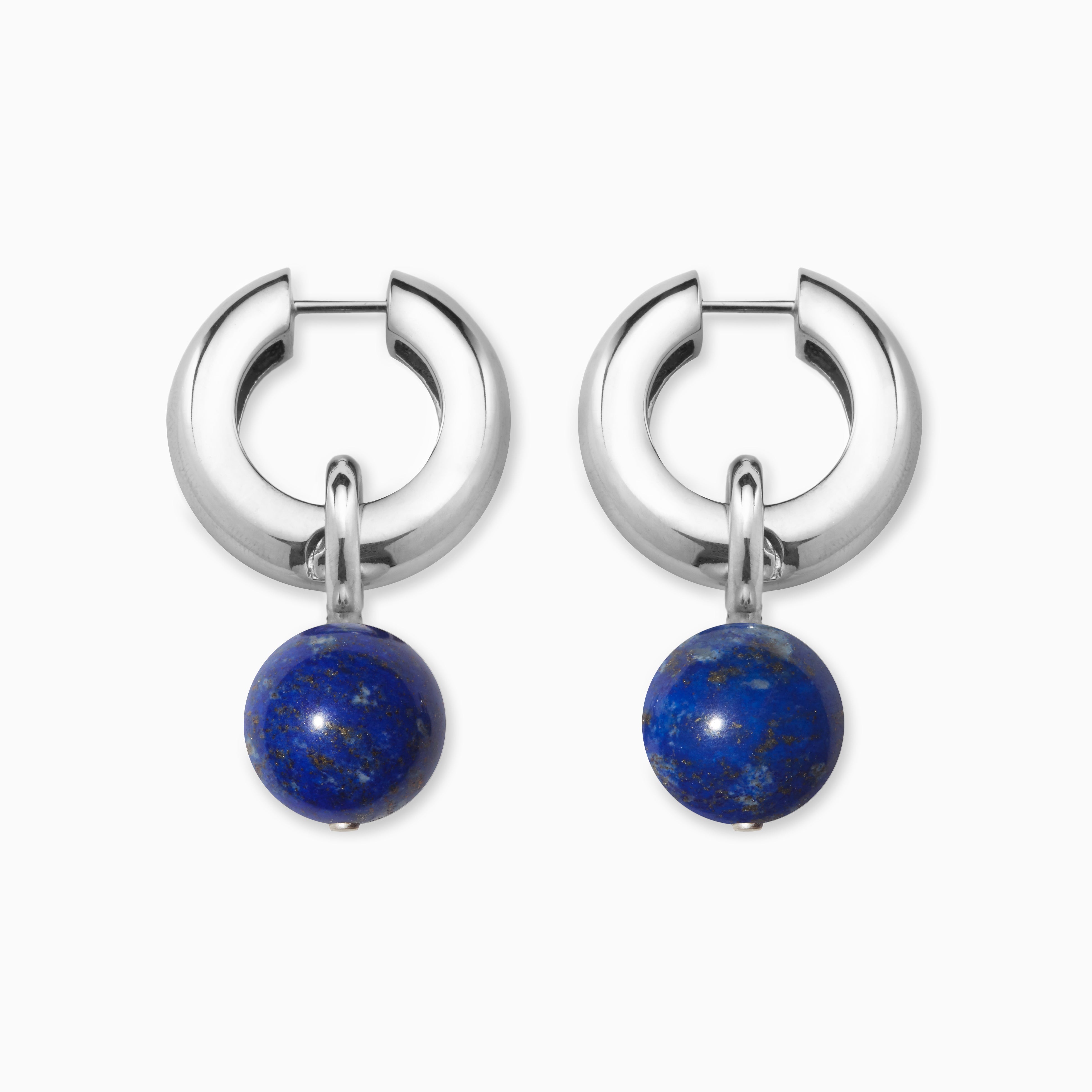 AGMES 0.925 sterling silver Sonia hoops with lapis drop embellishments.