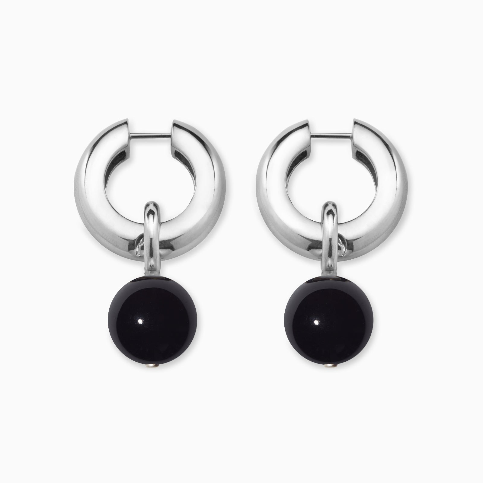 AGMES 0.925 sterling silver Sonia hoops with onyx drop embellishments.