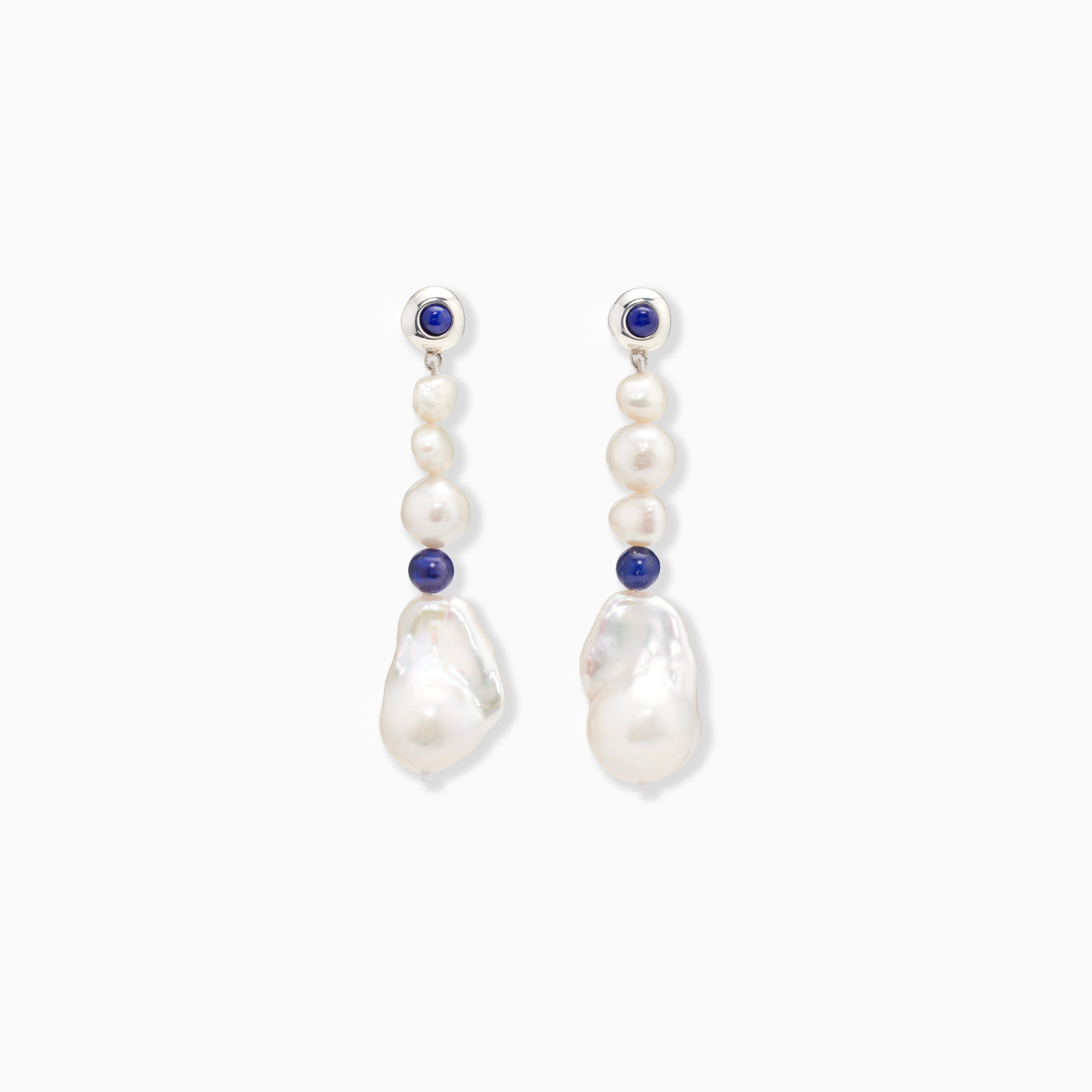 AGMES .925 Sterling Silver Kait Earrings with Baroque Pearl and Lapis Stone drop on white background.