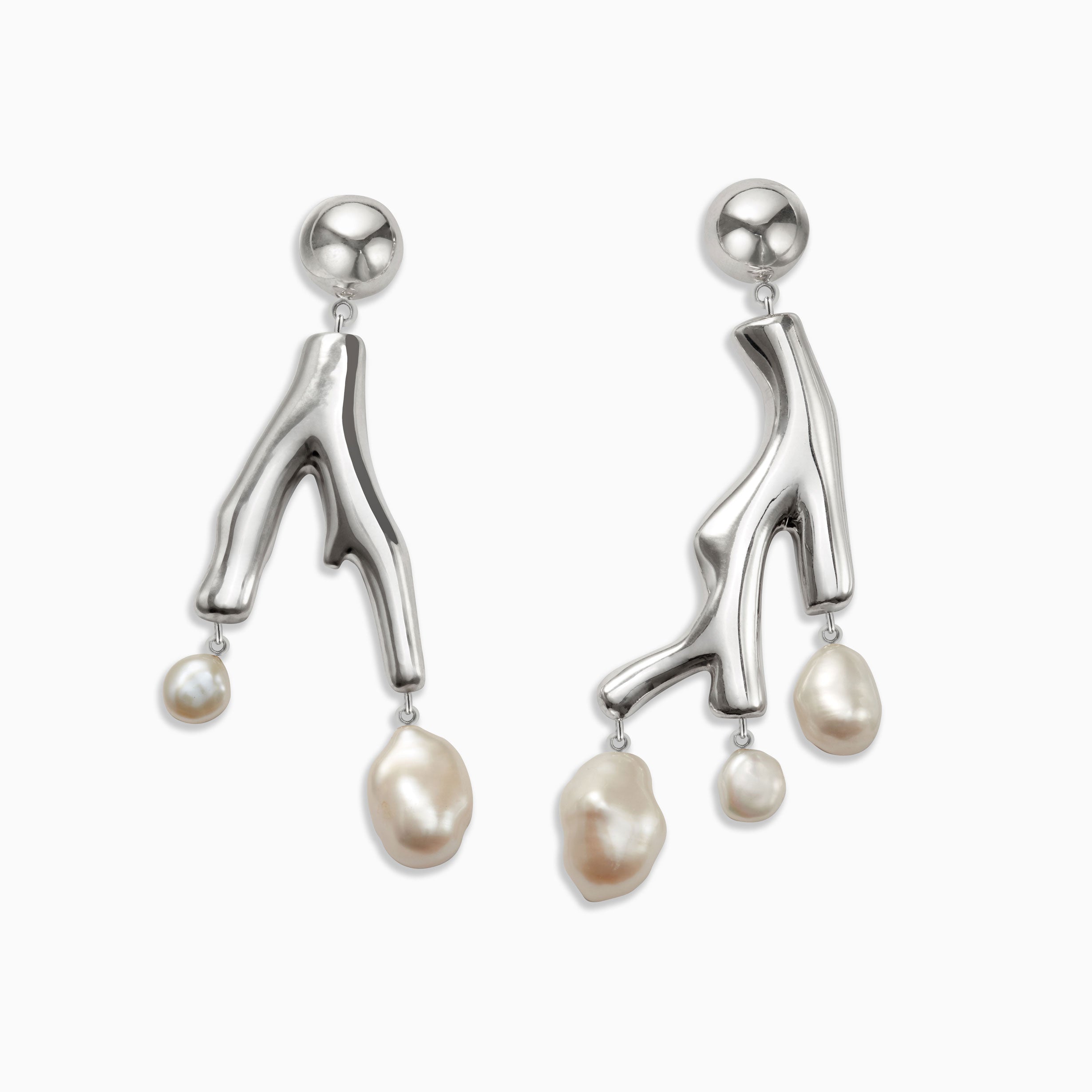 AGMES 0.925 sterling silver coral drop earrings with baroque pearls.